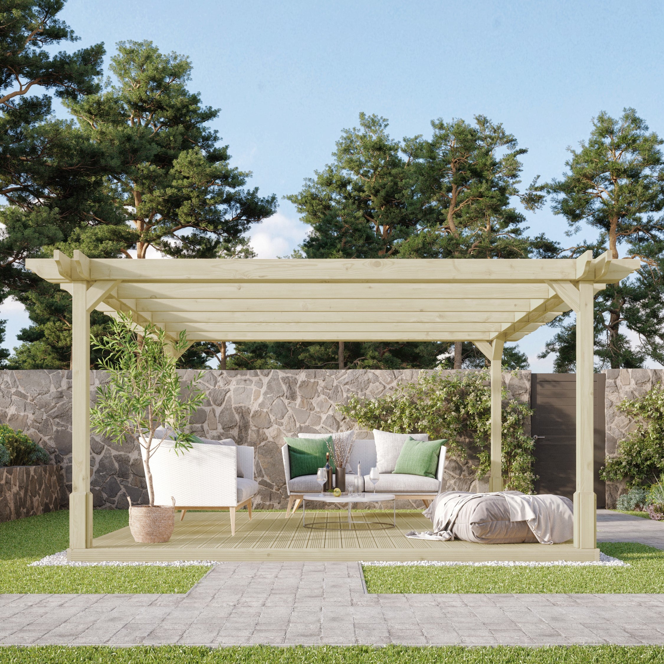 Freestanding Double Premium Pergola with Decking - Light Green - 2.4m Width x 2.4m Length