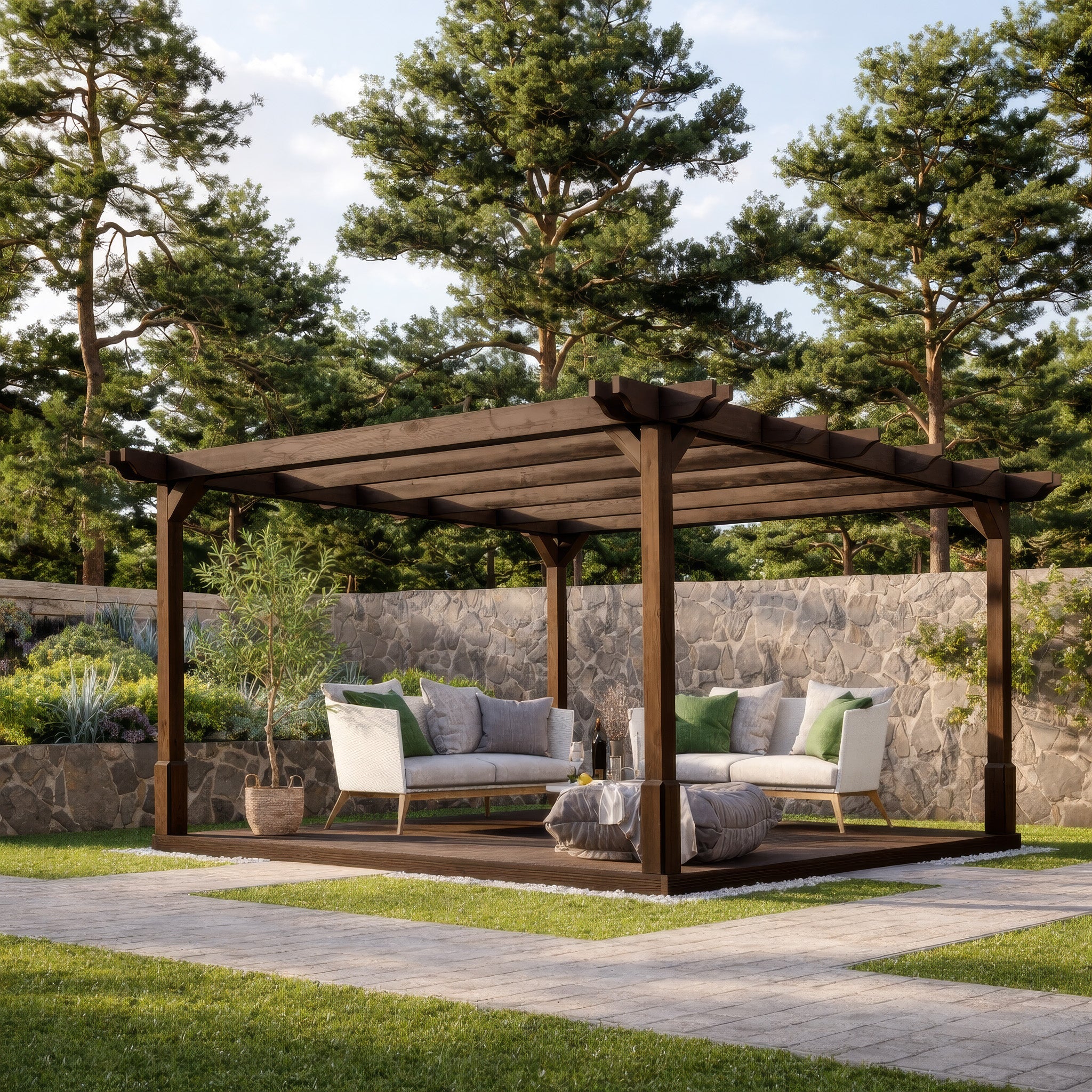 Freestanding Double Premium Pergola with Decking - Rustic Brown - 3.6m Width x 3.6m Length