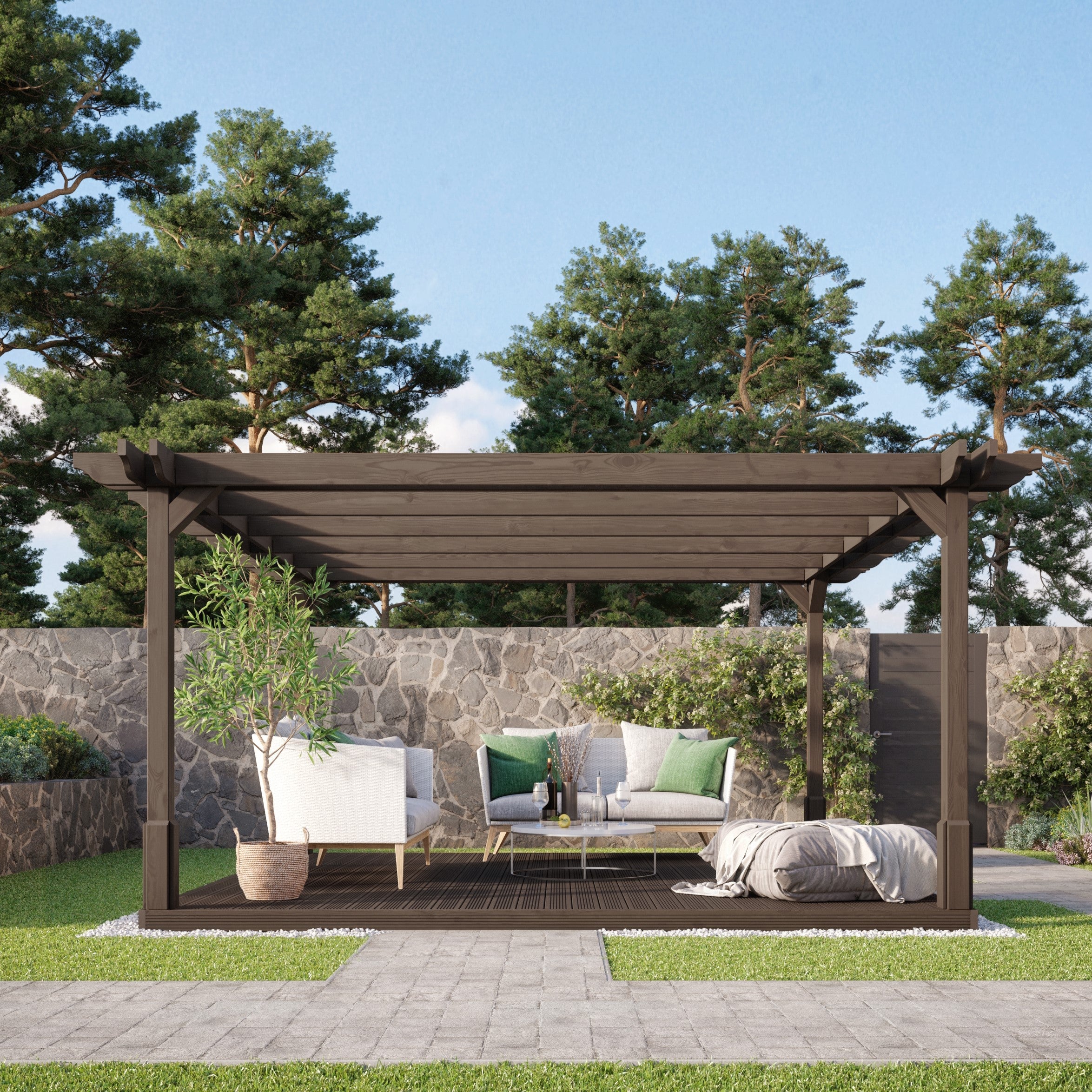 Freestanding Double Premium Pergola with Decking - Rustic Brown - 2.4m Width x 2.4m Length