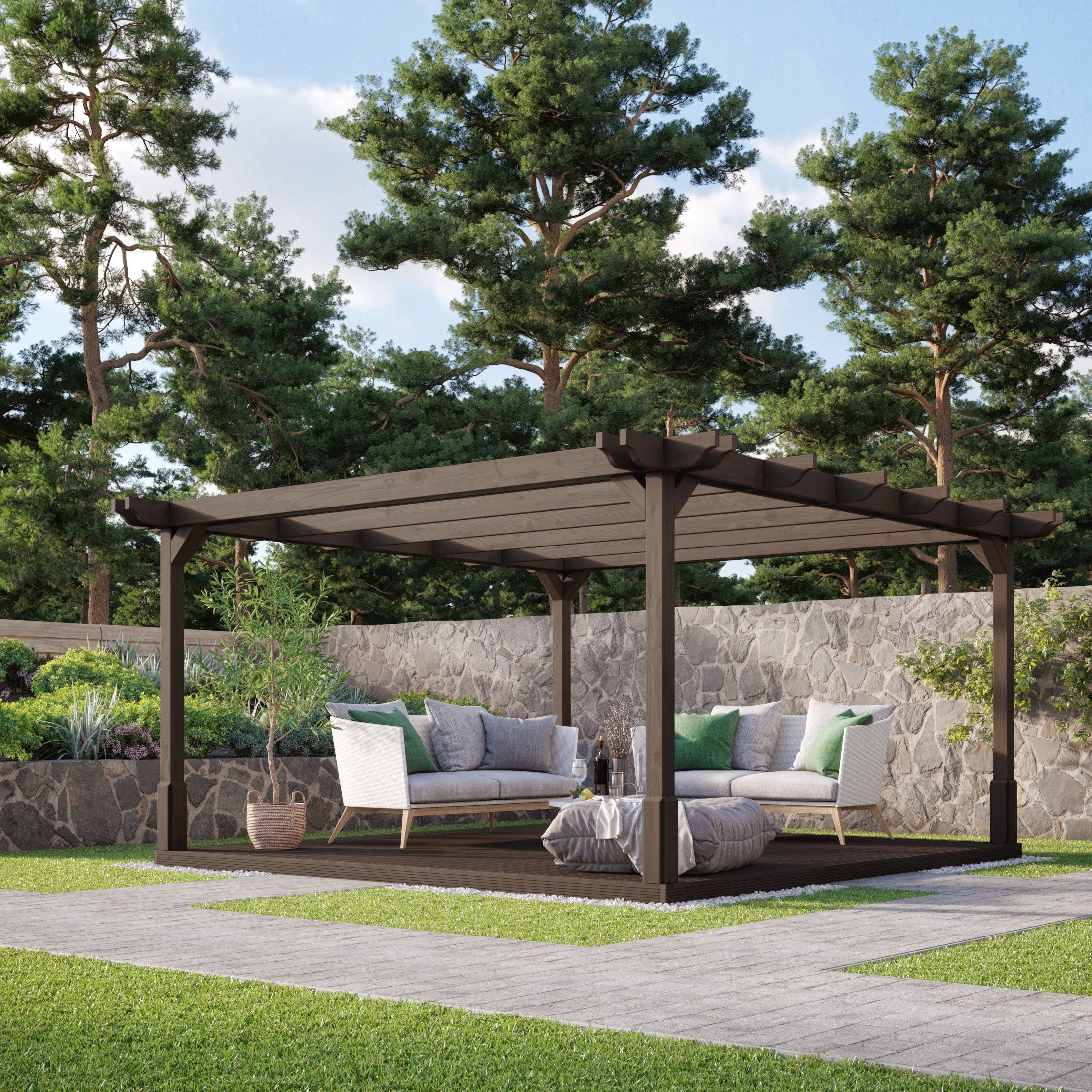 Freestanding Double Premium Pergola with Decking - Rustic Brown - 2.4m Width x 2.4m Length
