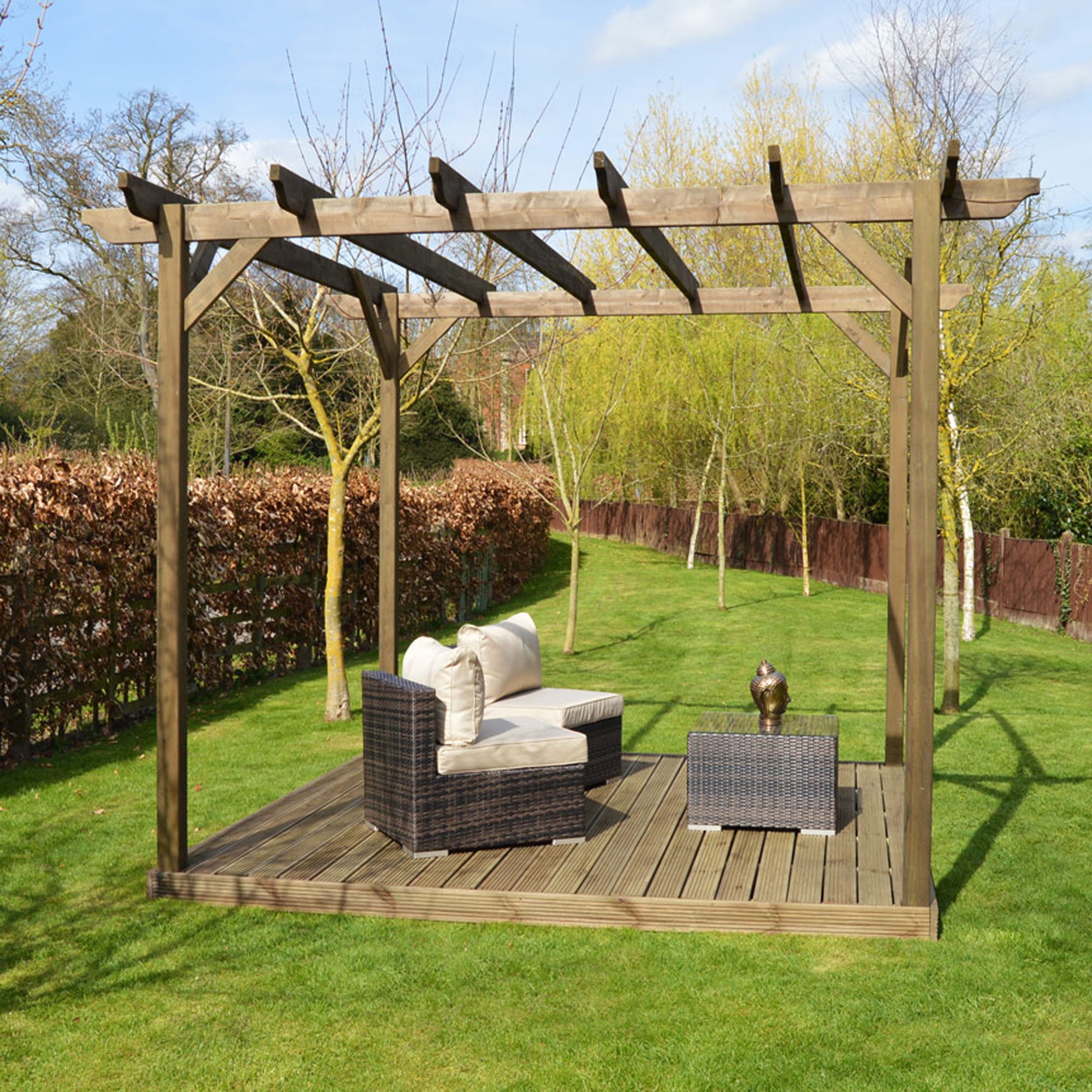 Freestanding Garden Pergola with Decking - Rustic Brown - 4.2m Width x 4.2m Length - Clearance Grade