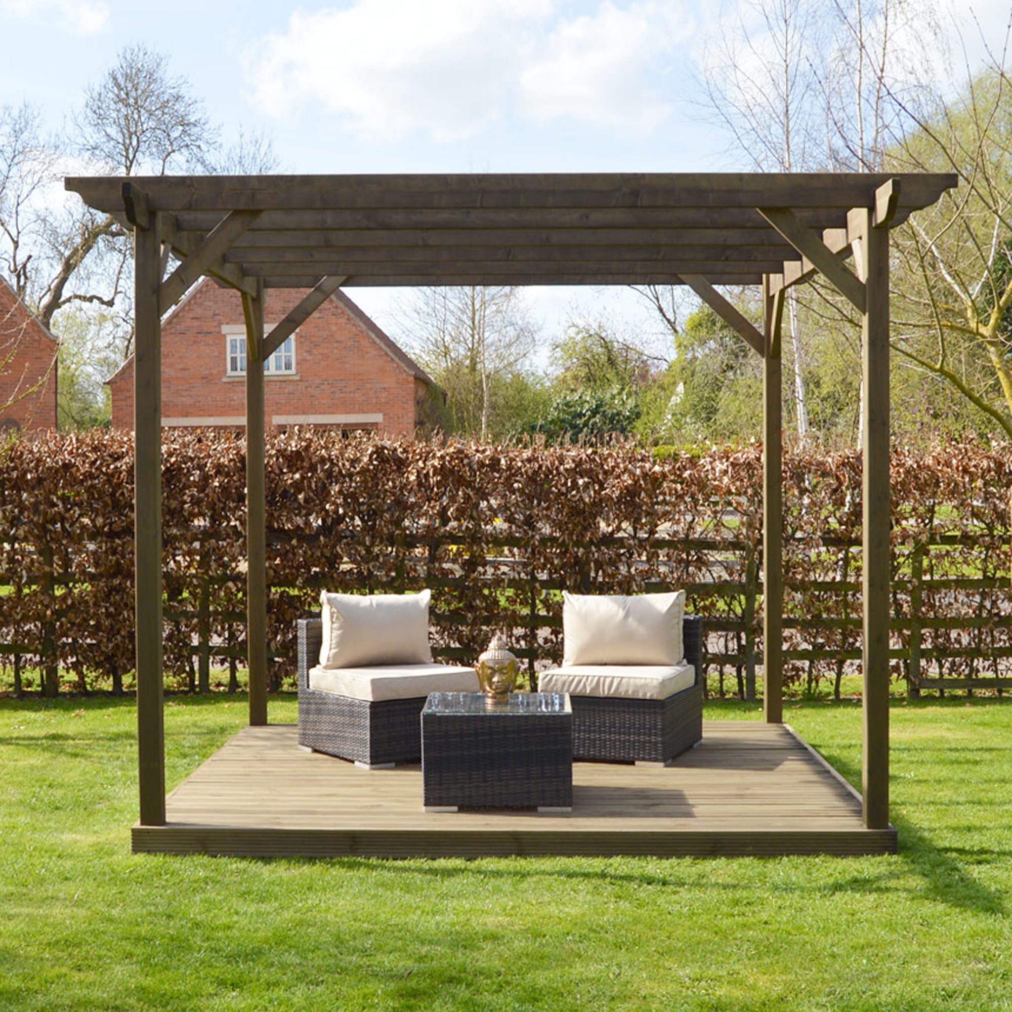 Freestanding Garden Pergola with Decking - Rustic Brown - 4.2m Width x 4.2m Length - Clearance Grade