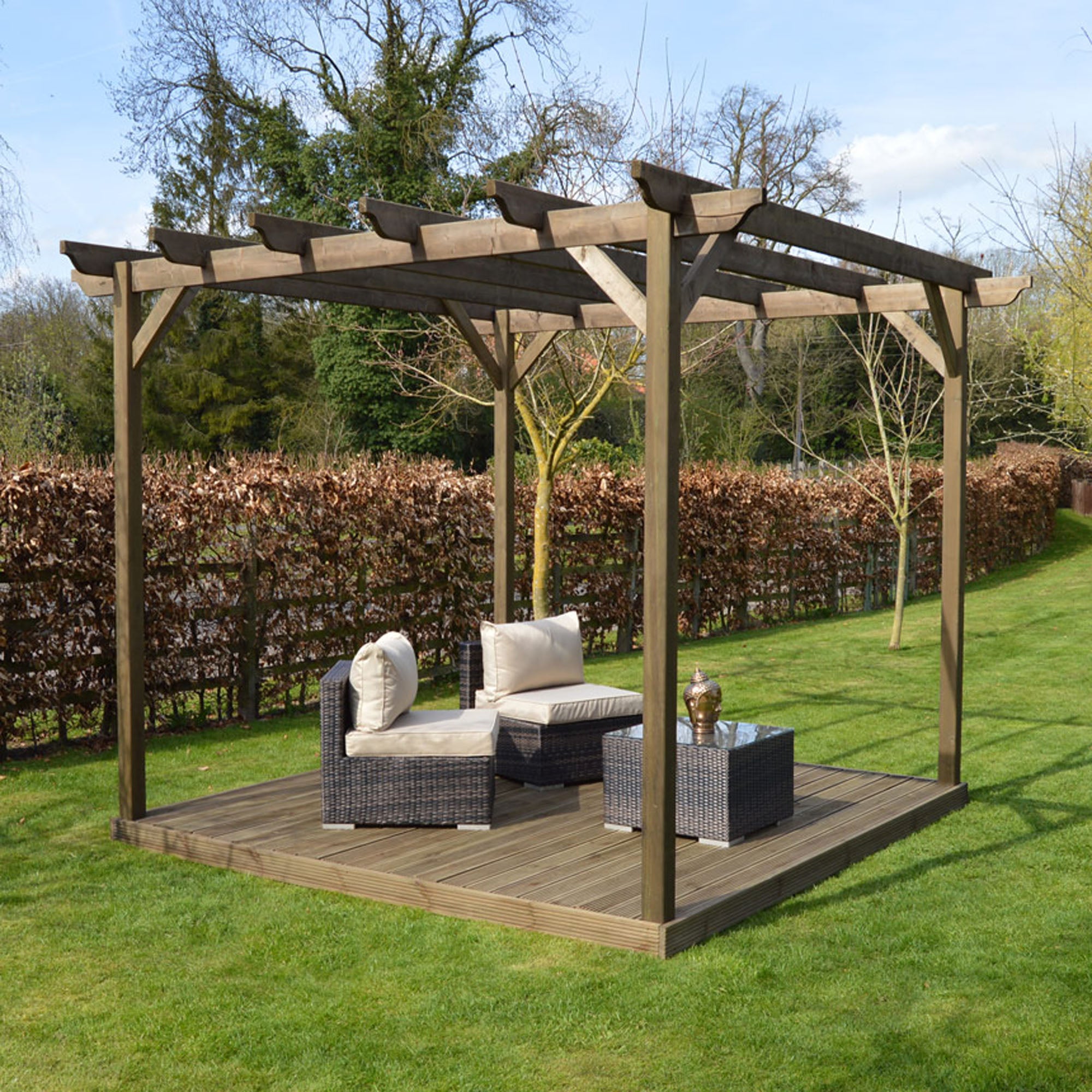 Freestanding Garden Pergola with Decking - Rustic Brown - 4.2m Width x 4.2m Length - Clearance Grade