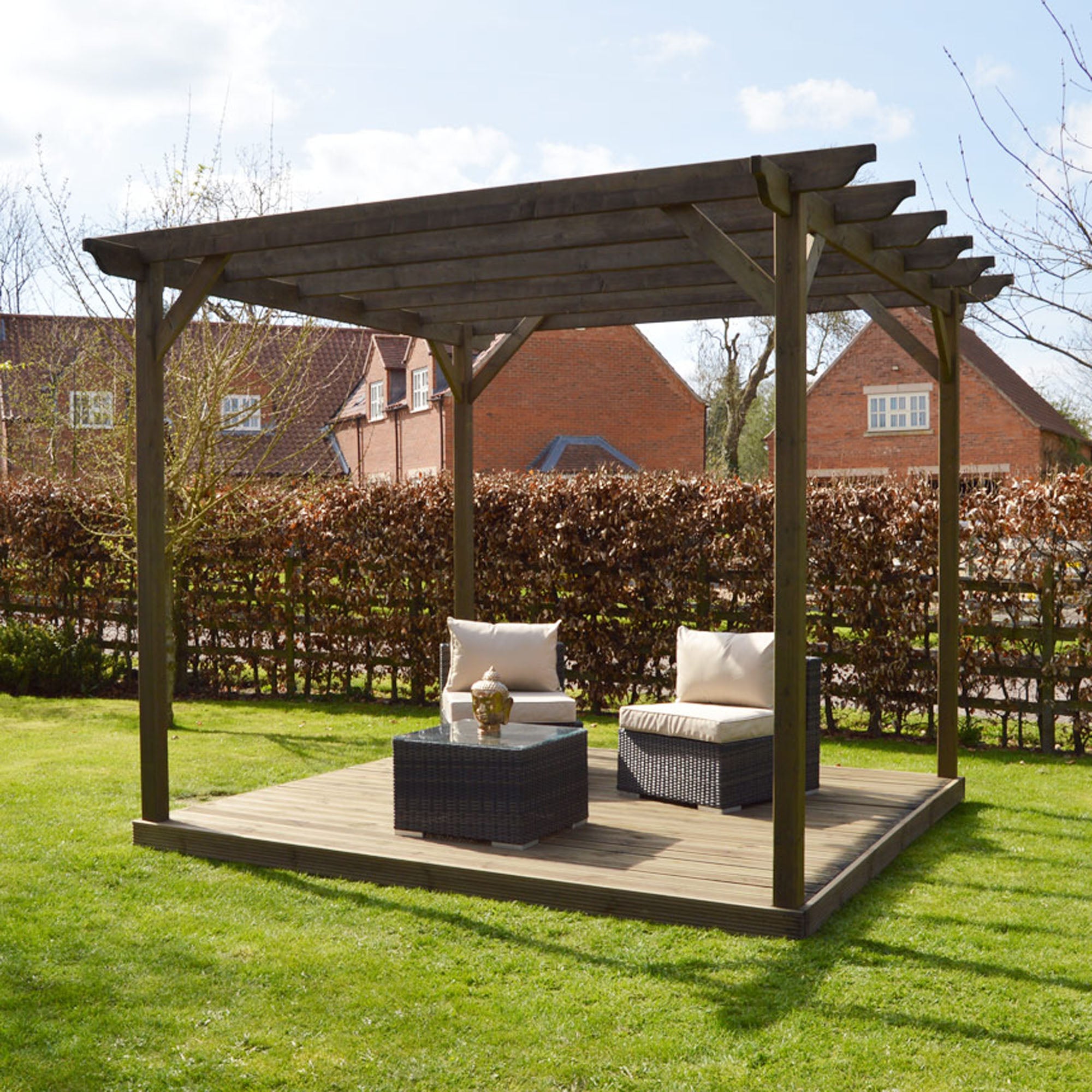 Freestanding Garden Pergola with Decking - Rustic Brown - 4.2m Width x 4.2m Length - Clearance Grade