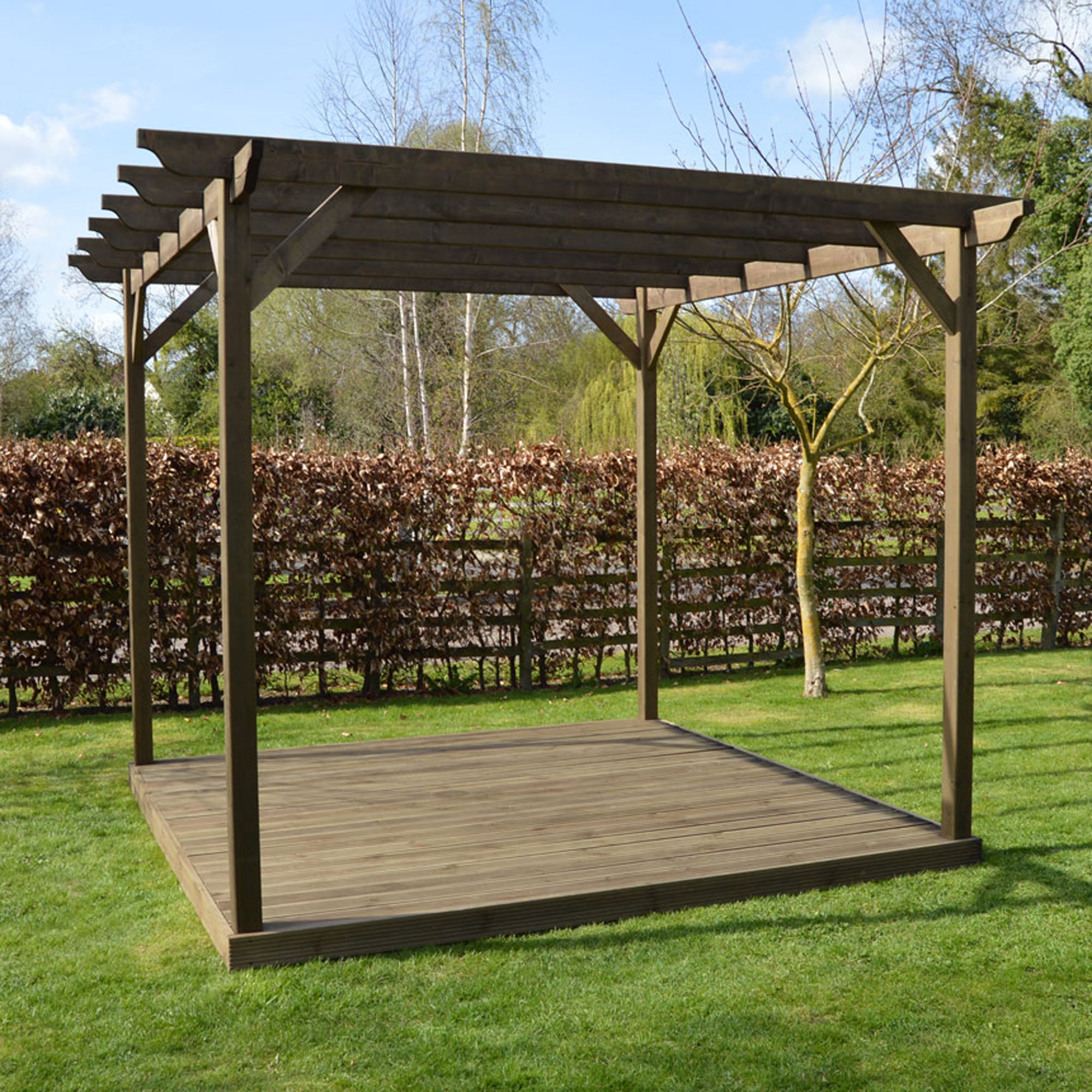 Freestanding Garden Pergola with Decking - Rustic Brown - 4.2m Width x 4.2m Length - Clearance Grade