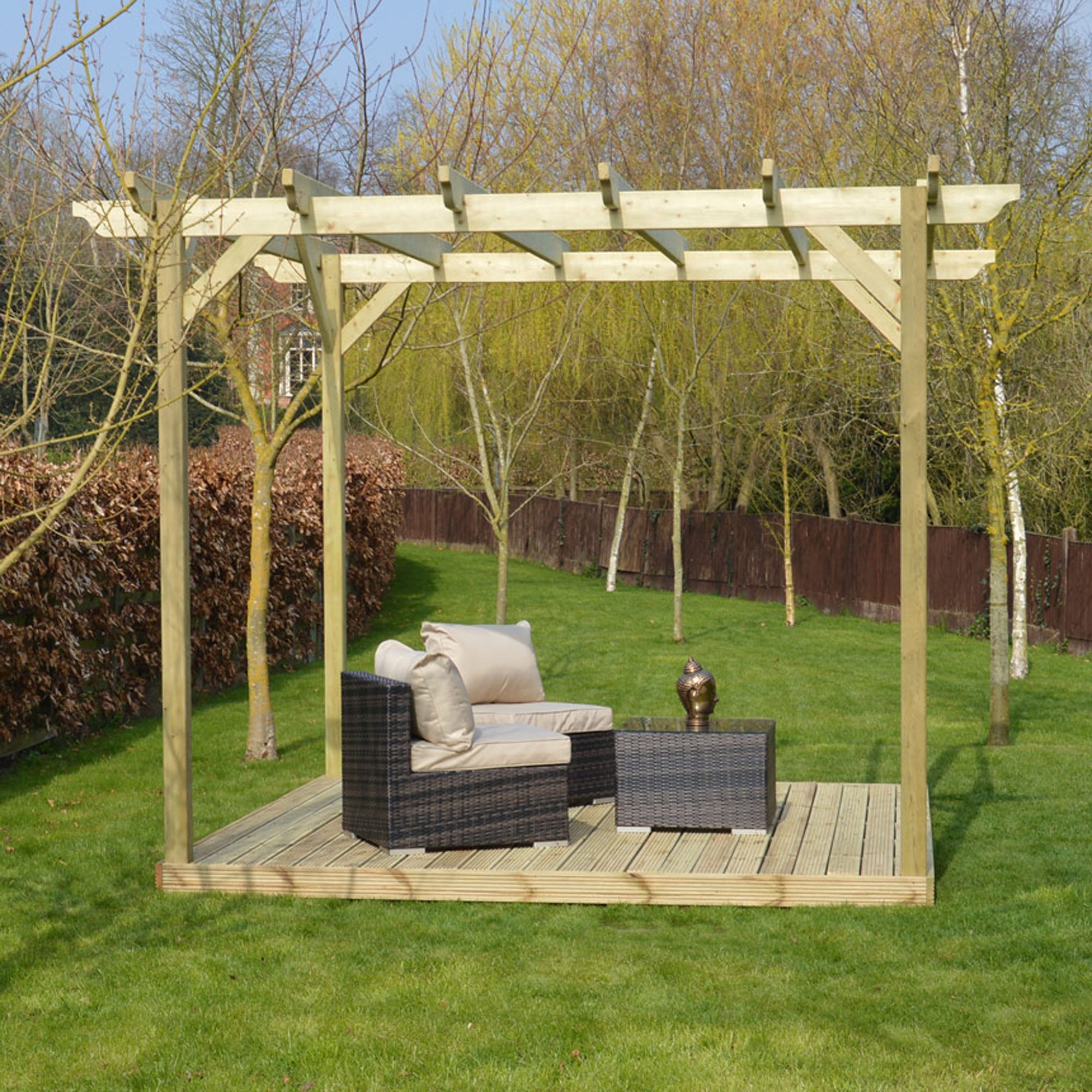 Freestanding Garden Pergola with Decking - Light Green - 3.6m Width x 3.6m Length
