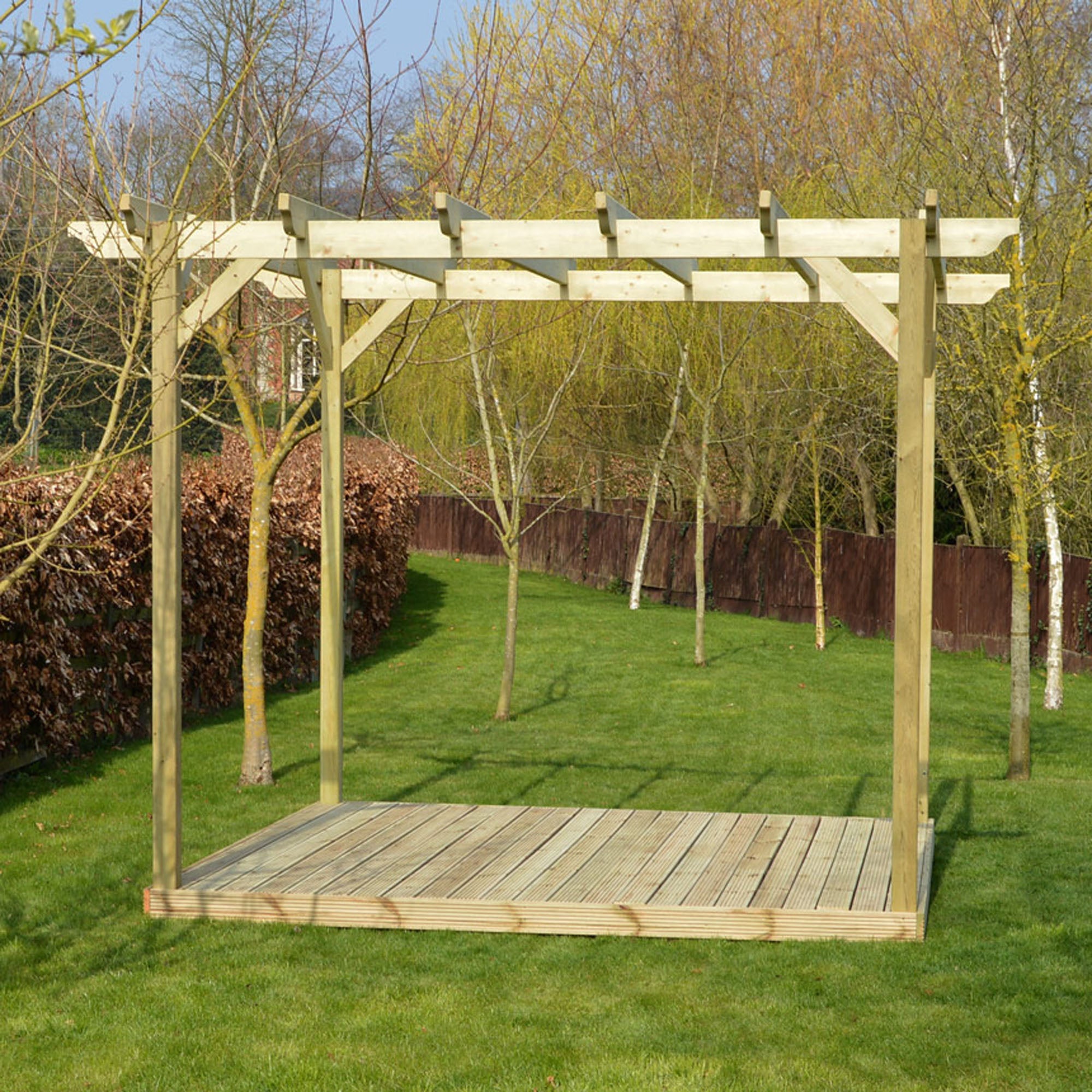 Freestanding Garden Pergola with Decking - Light Green - 3.6m Width x 3.6m Length