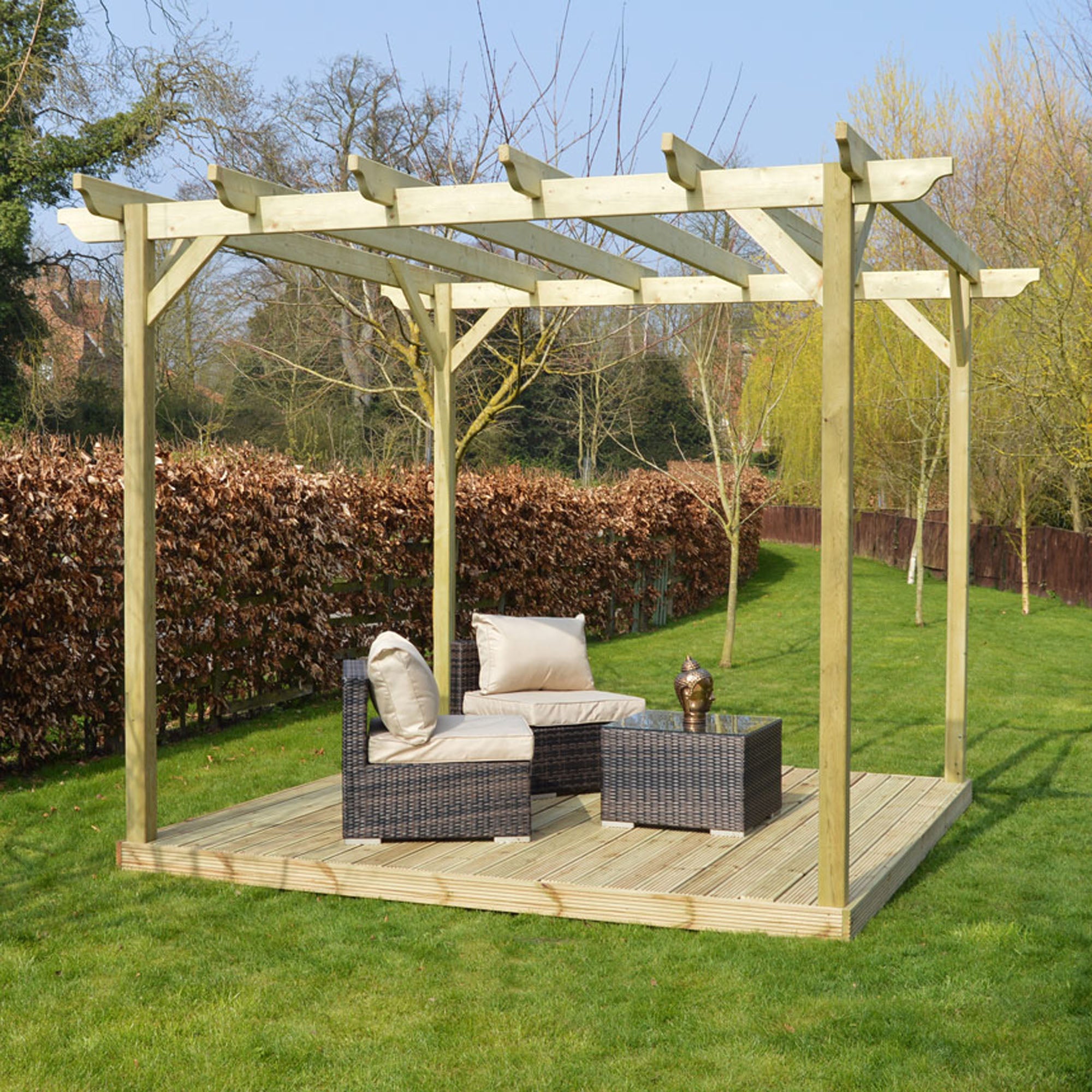 Freestanding Garden Pergola with Decking - Light Green - 3.6m Width x 3.6m Length