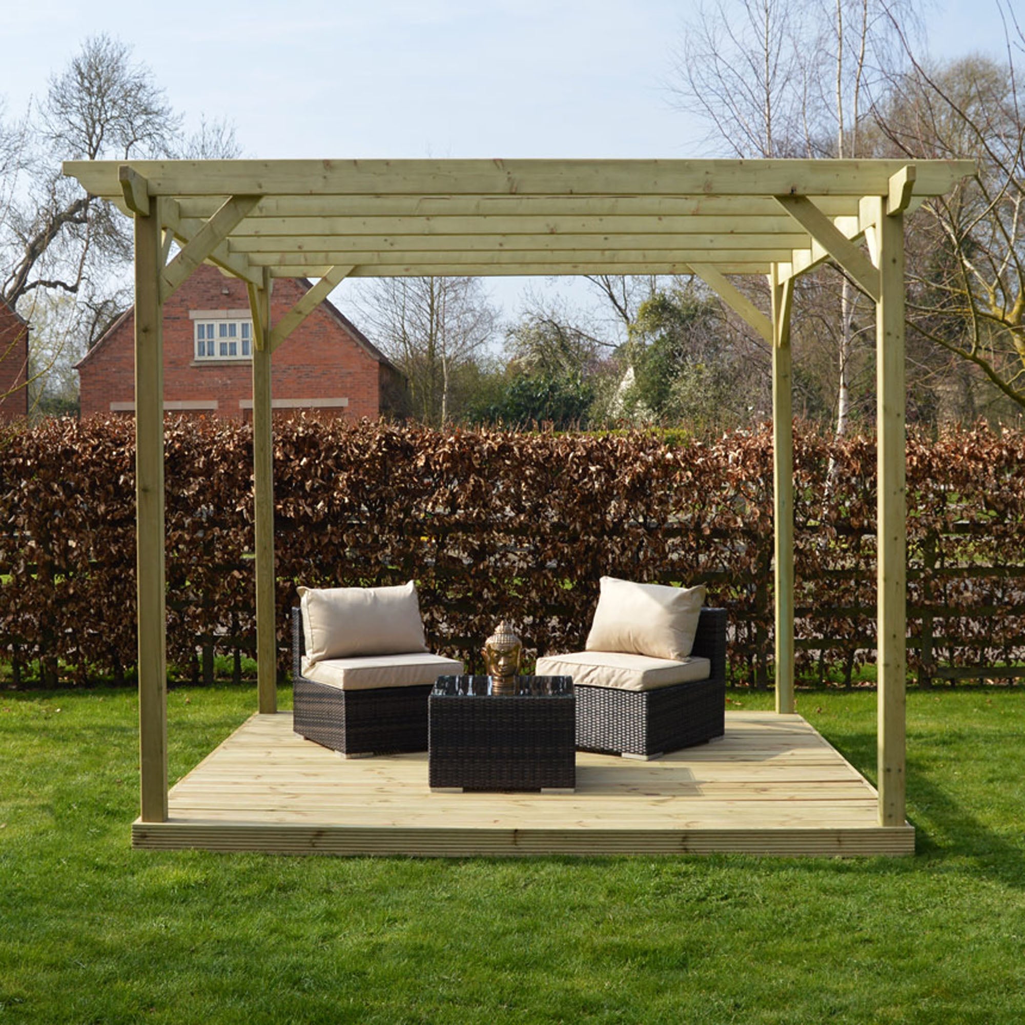 Freestanding Garden Pergola with Decking - Light Green - 2.4m Width x 2.4m Length
