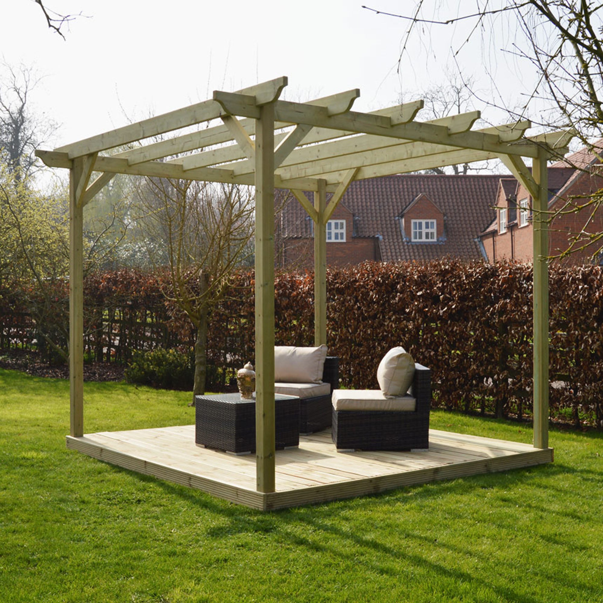 Freestanding Garden Pergola with Decking - Light Green - 3.6m Width x 3.6m Length