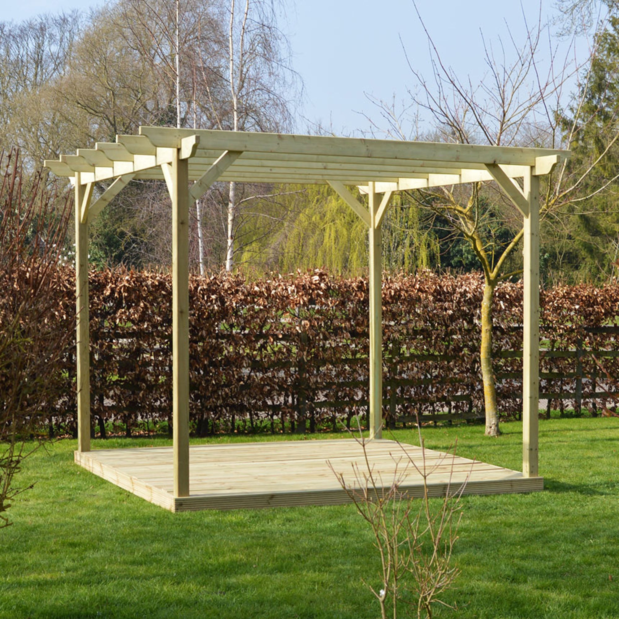 Freestanding Garden Pergola with Decking - Light Green - 3.6m Width x 3.6m Length