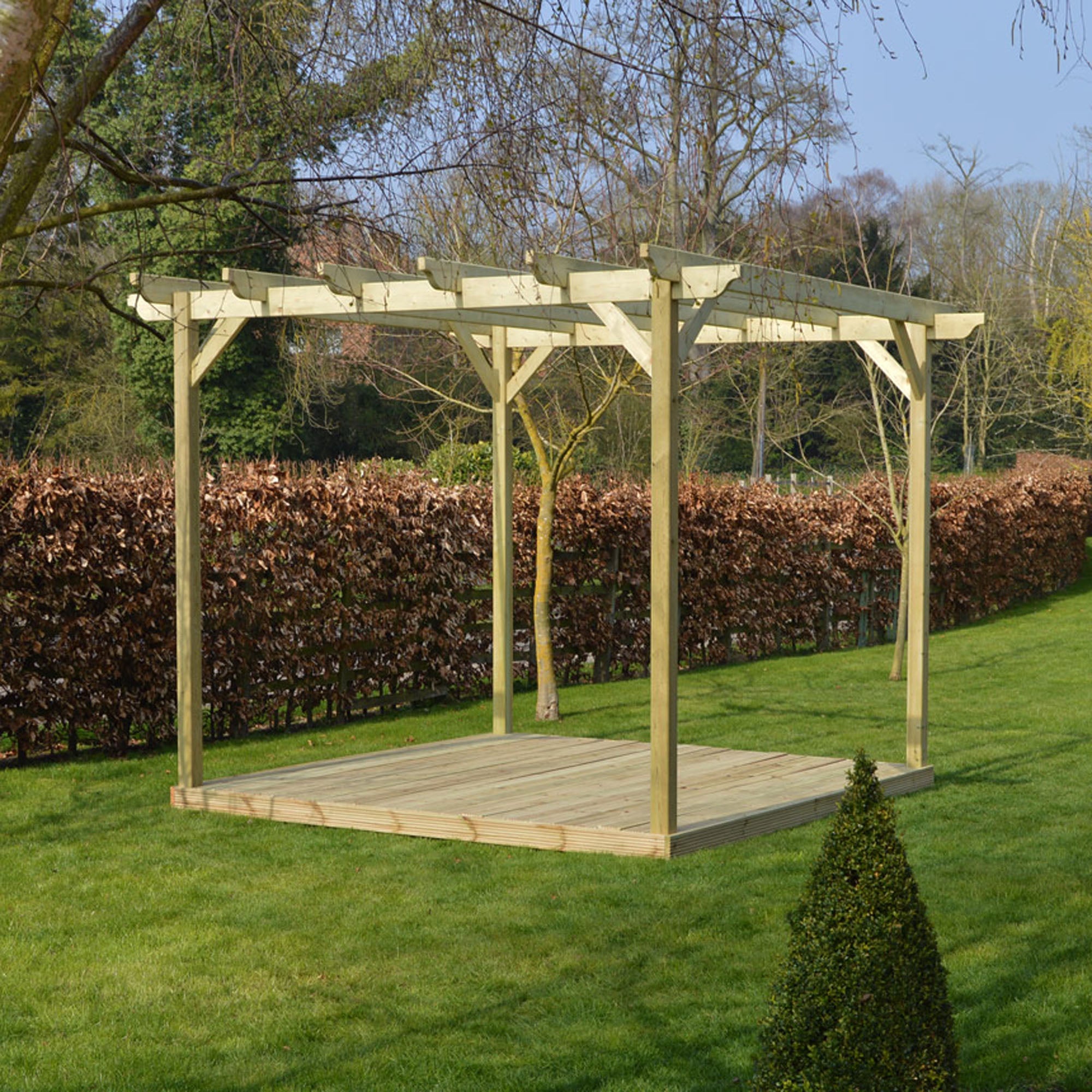 Freestanding Garden Pergola with Decking - Light Green - 3.6m Width x 3.6m Length