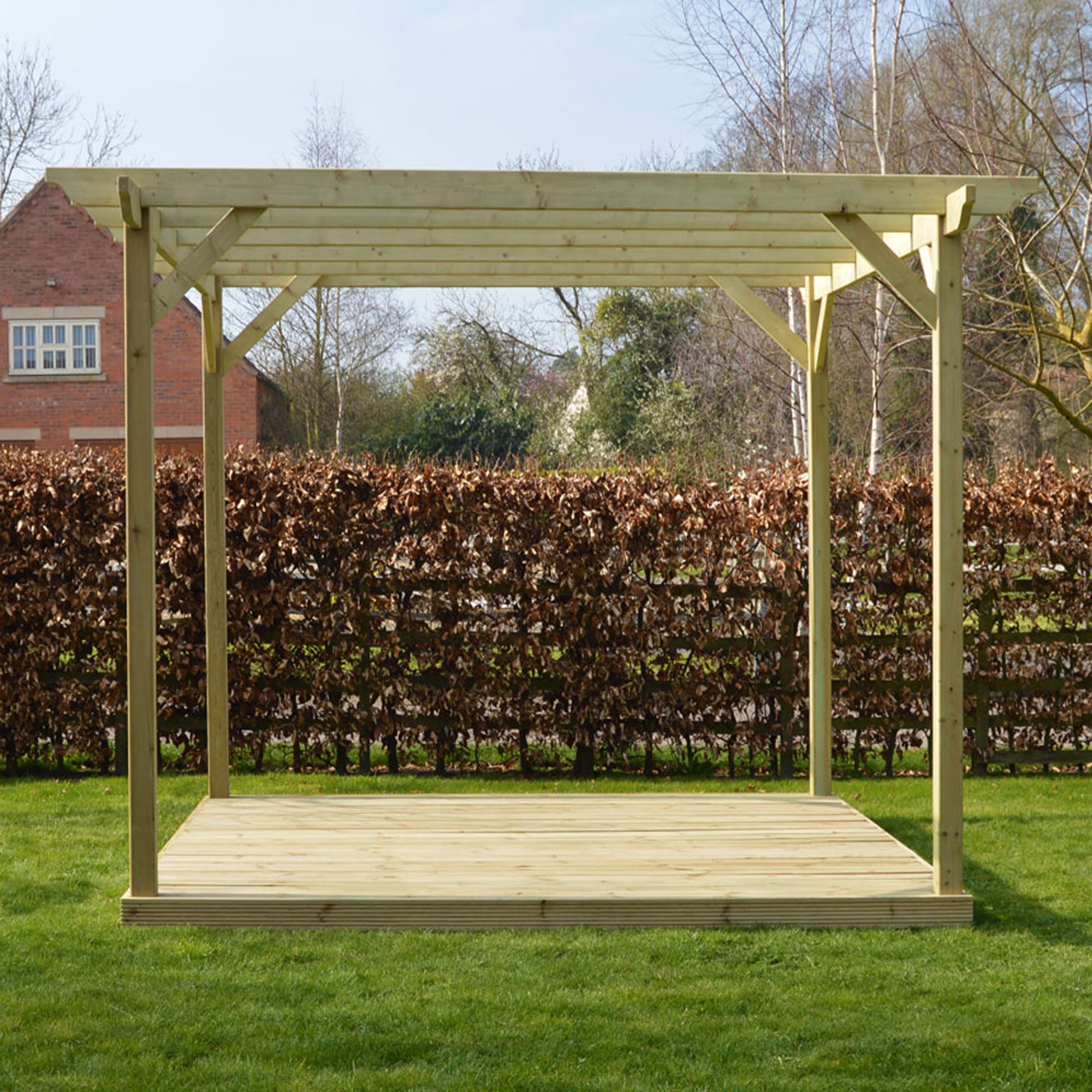 Freestanding Garden Pergola with Decking - Light Green - 3.6m Width x 3.6m Length