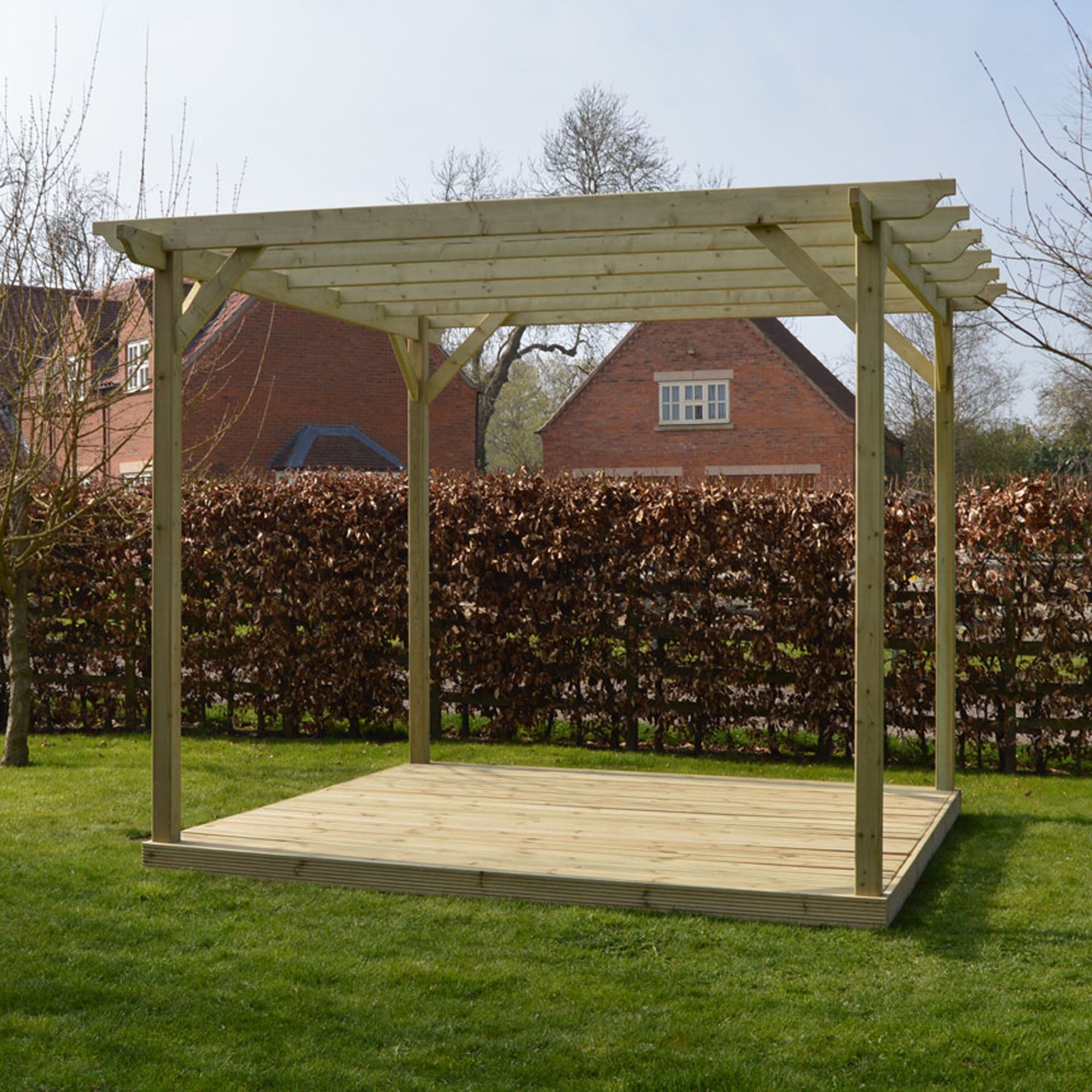 Freestanding Garden Pergola with Decking - Light Green - 3.6m Width x 3.6m Length
