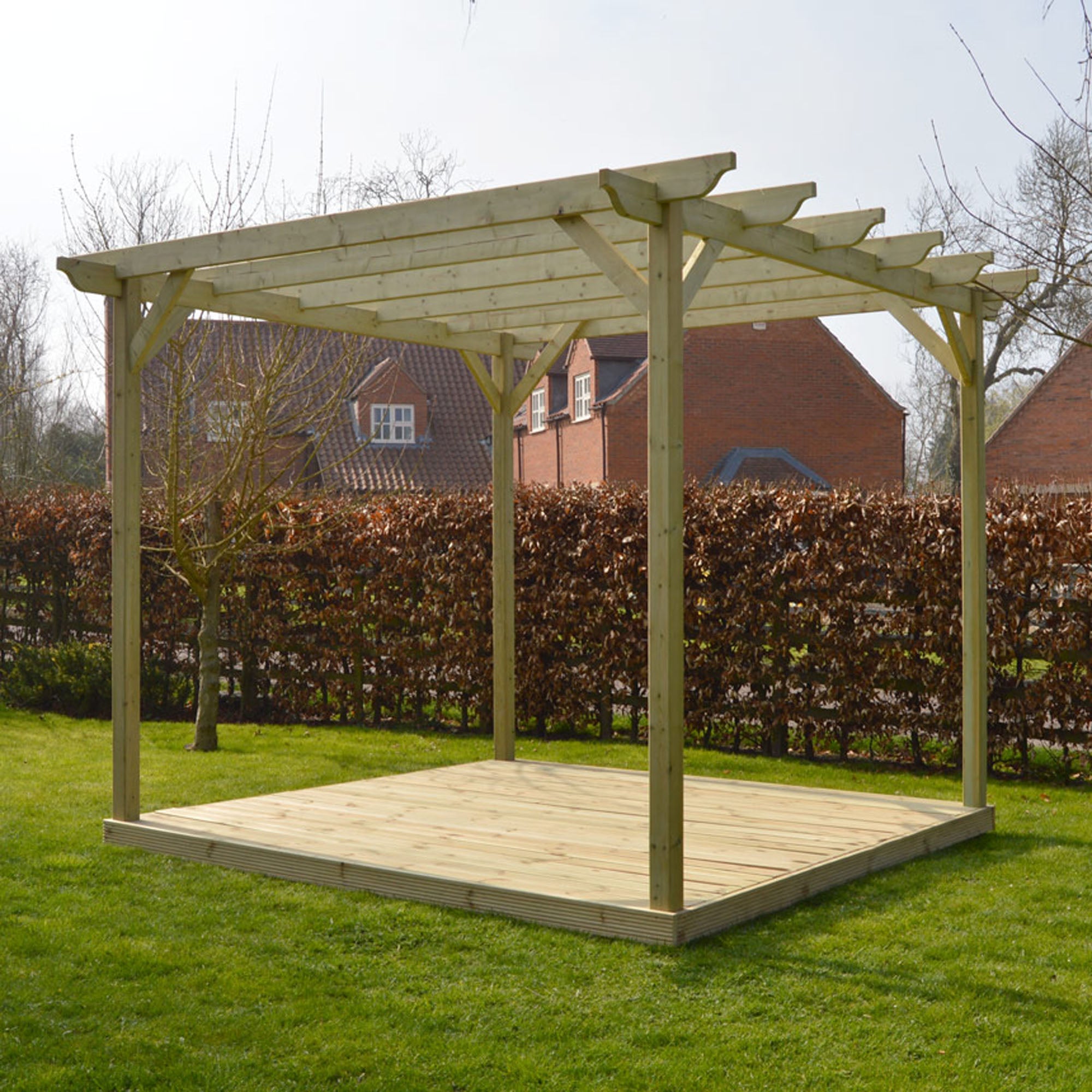 Freestanding Garden Pergola with Decking - Light Green - 3.6m Width x 3.6m Length