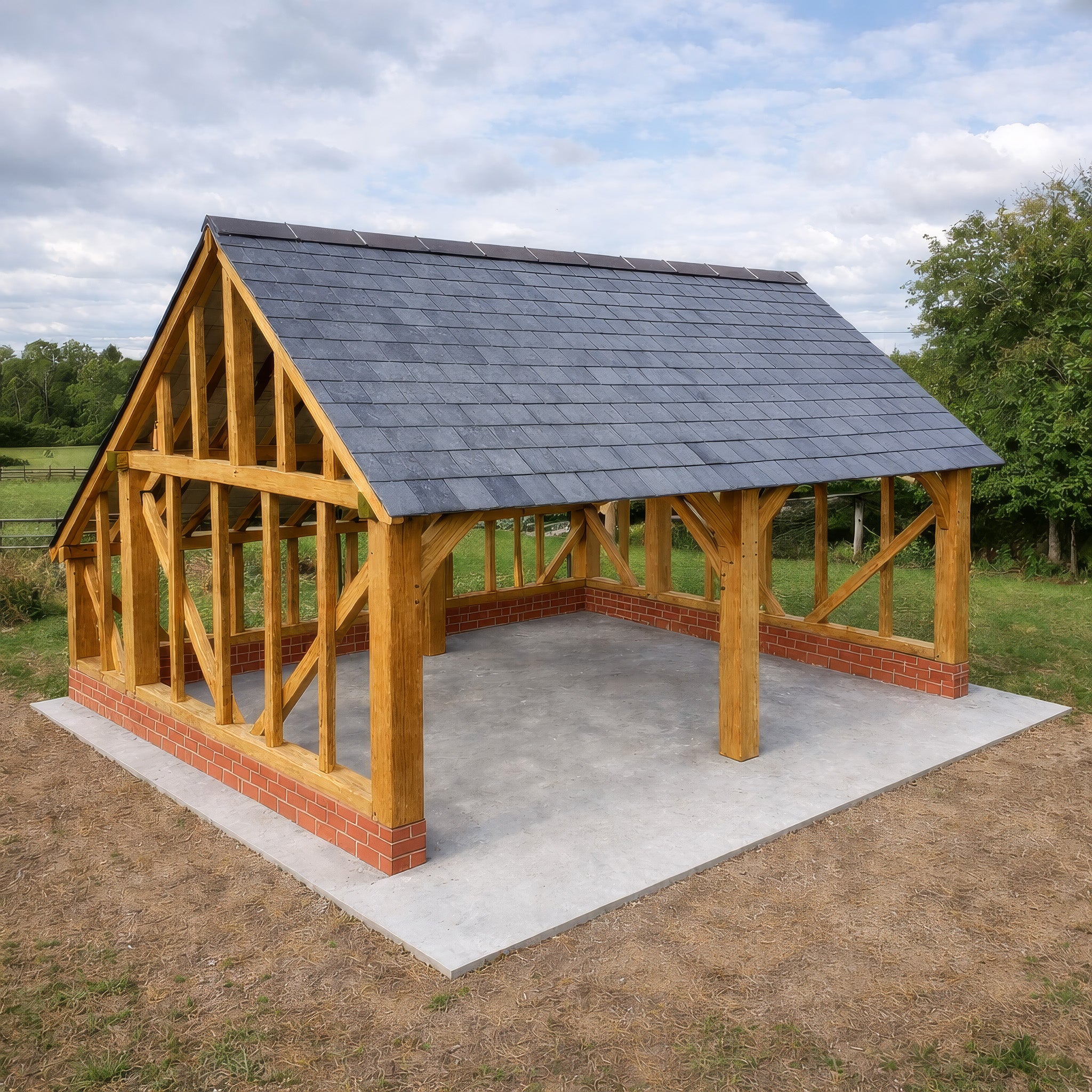 Freestanding Green Oak Framed Double Bay Garage with Dormer Roof - Catslide Extension