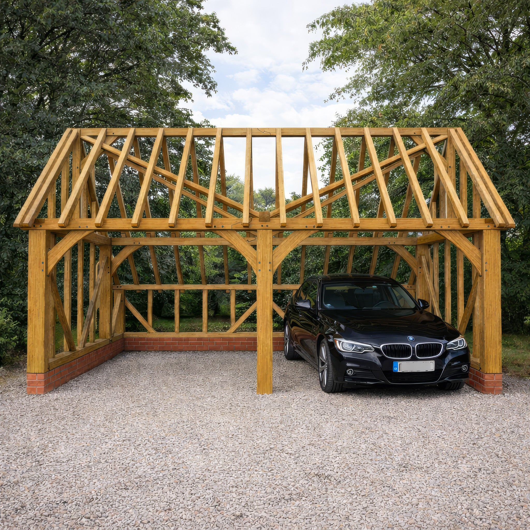 Freestanding Green Oak Framed Double Bay Garage with Dormer Roof - Catslide Extension