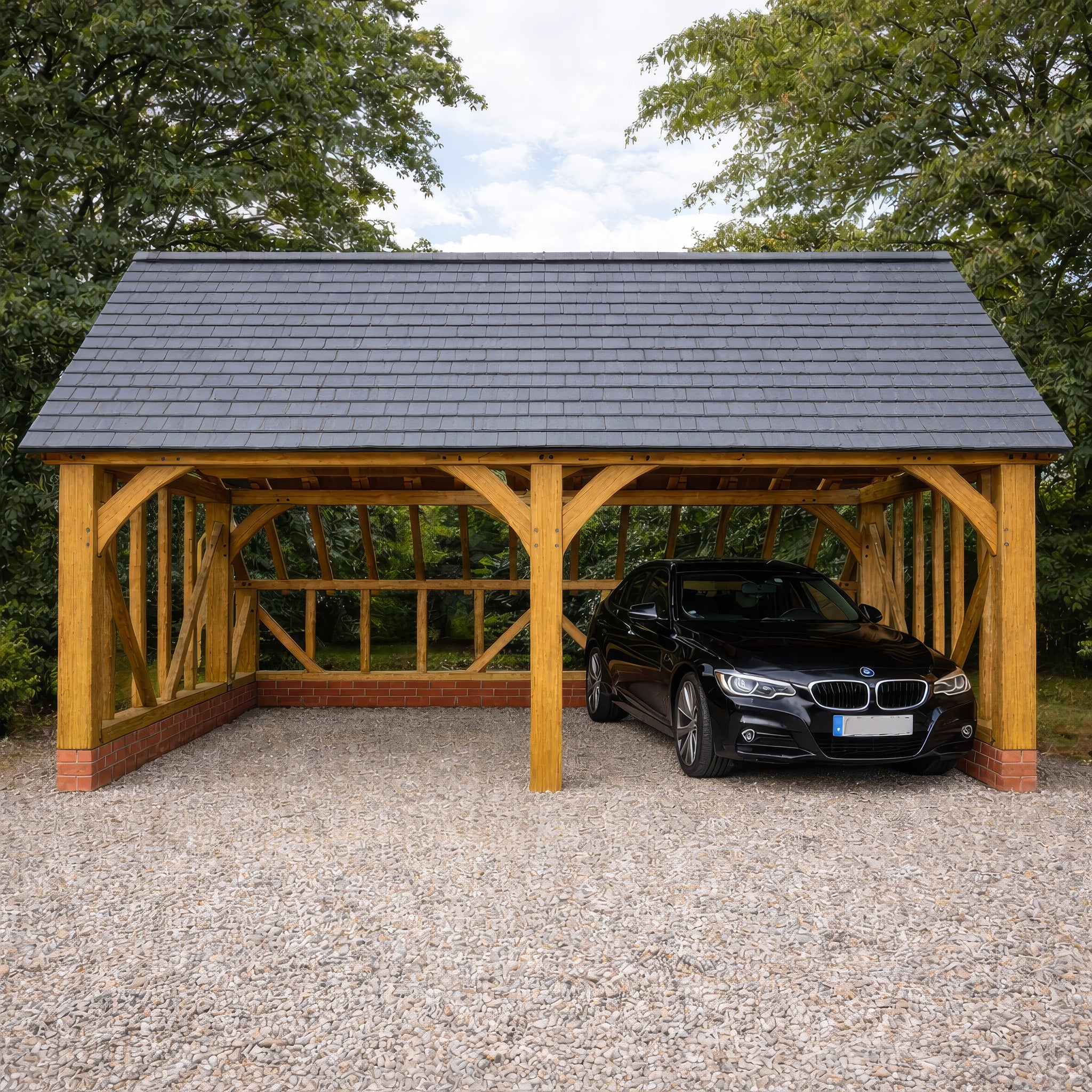 Freestanding Green Oak Framed Double Bay Garage with Dormer Roof - Catslide Extension