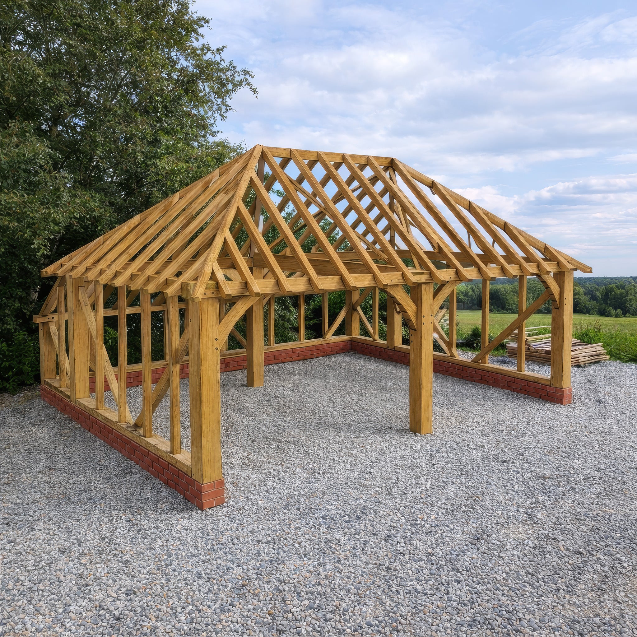 Freestanding Green Oak Framed Double Bay Garage with Hip Roof - Catslide Extension