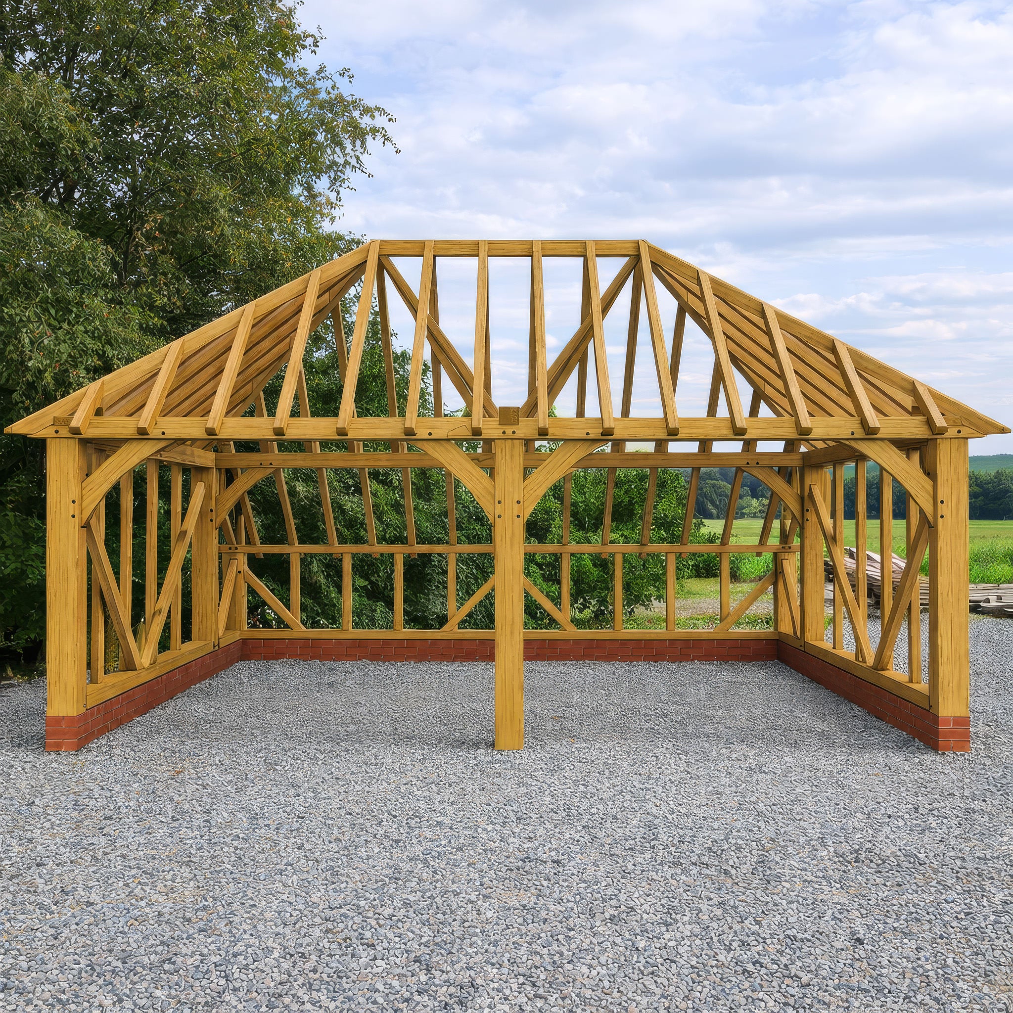Freestanding Green Oak Framed Double Bay Garage with Hip Roof - Catslide Extension