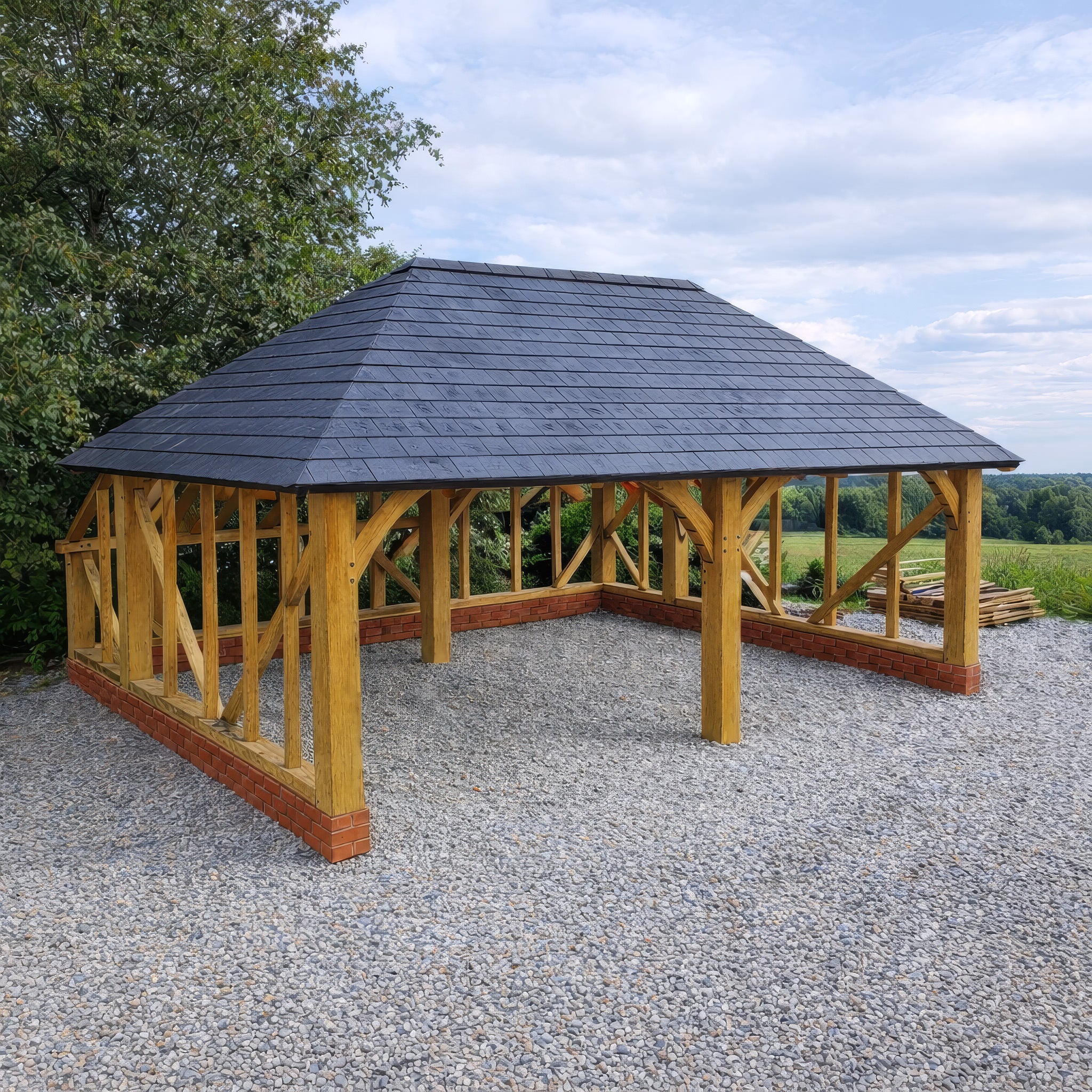 Freestanding Green Oak Framed Double Bay Garage with Hip Roof - Catslide Extension
