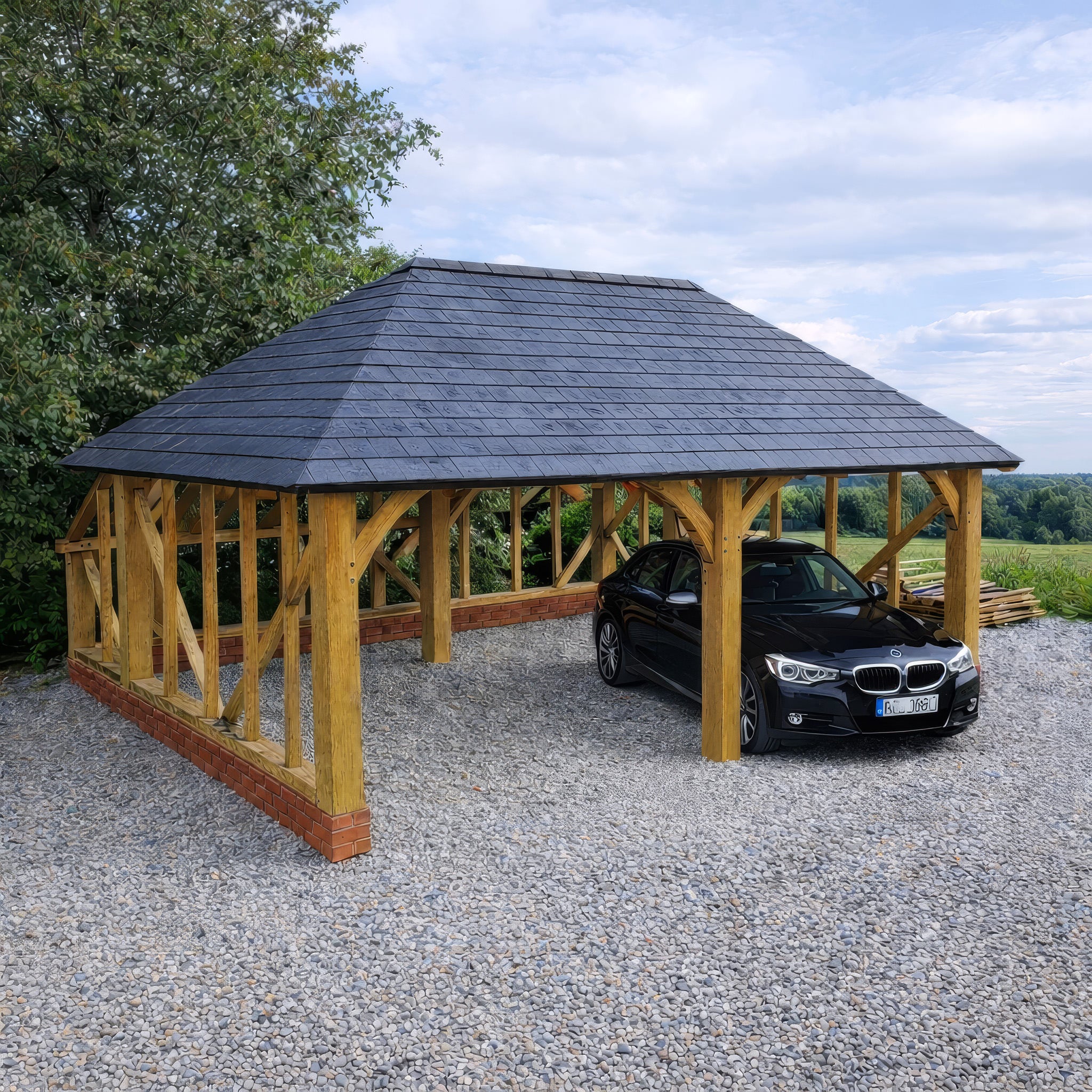 Freestanding Green Oak Framed Double Bay Garage with Hip Roof - Catslide Extension