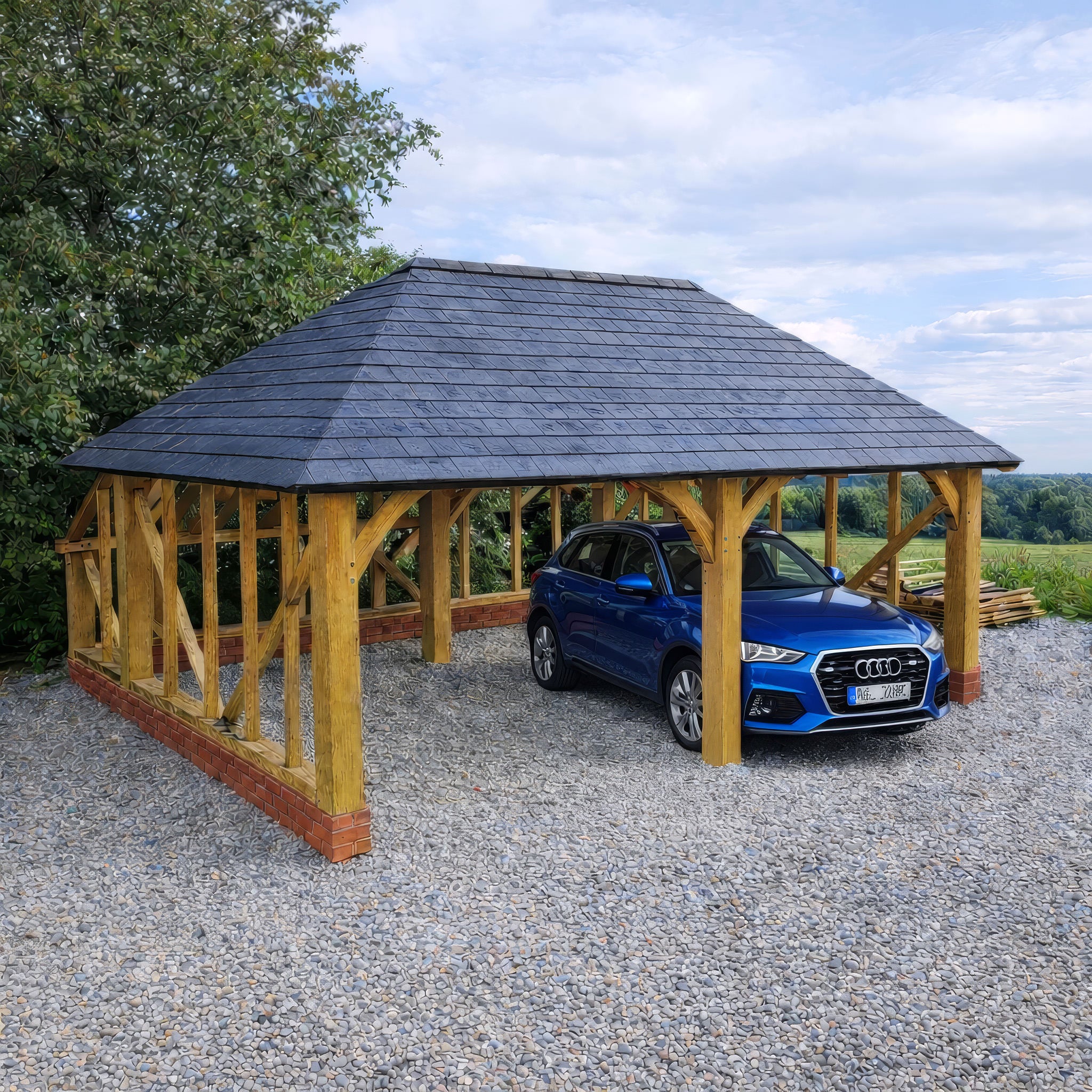 Freestanding Green Oak Framed Double Bay Garage with Hip Roof - Catslide Extension