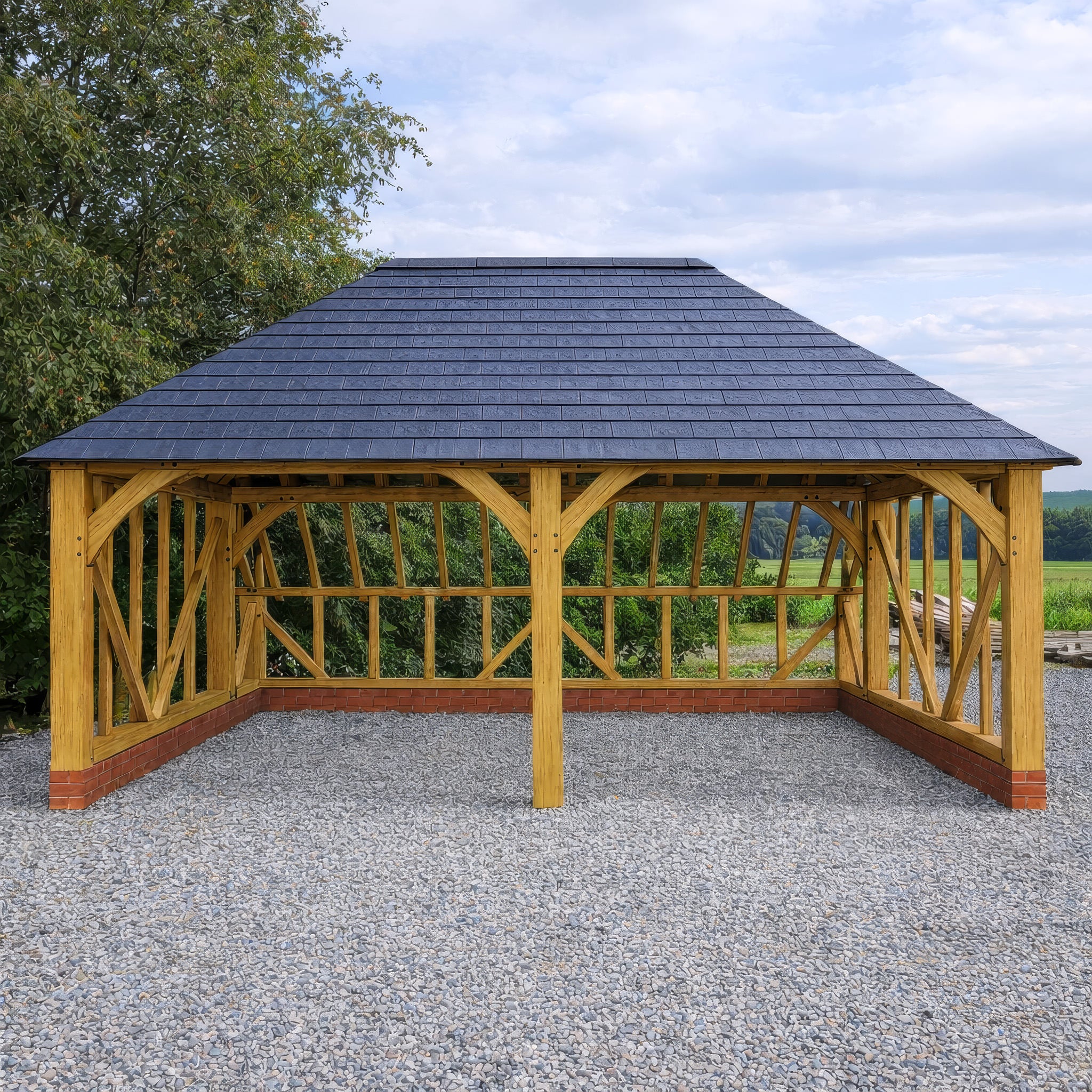 Freestanding Green Oak Framed Double Bay Garage with Hip Roof - Catslide Extension