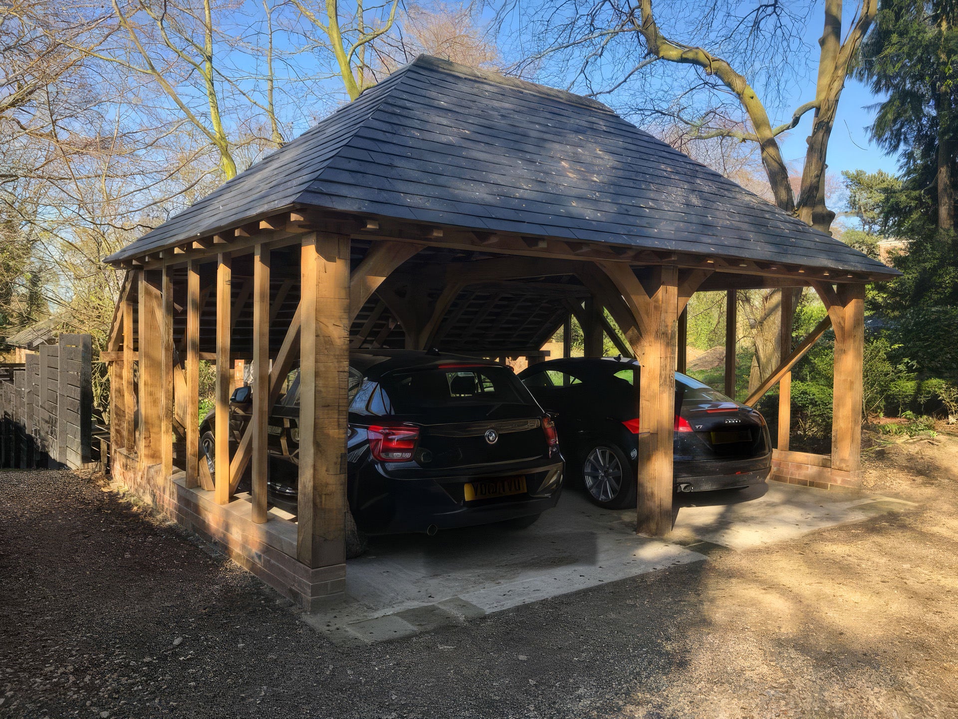 Freestanding Green Oak Framed Double Bay Garage with Hip Roof - Catslide Extension