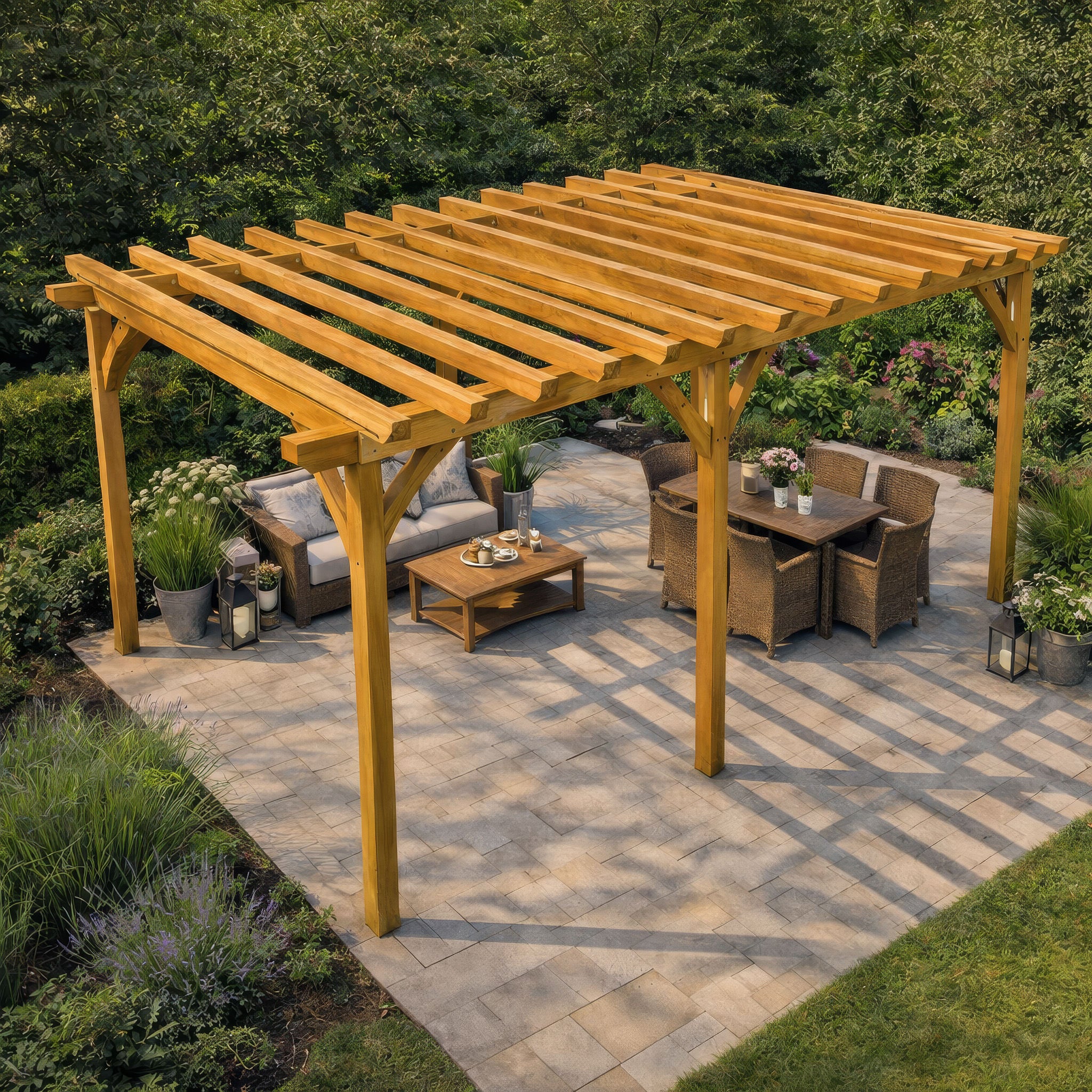 Freestanding Green Oak Framed Double Bay Pergola