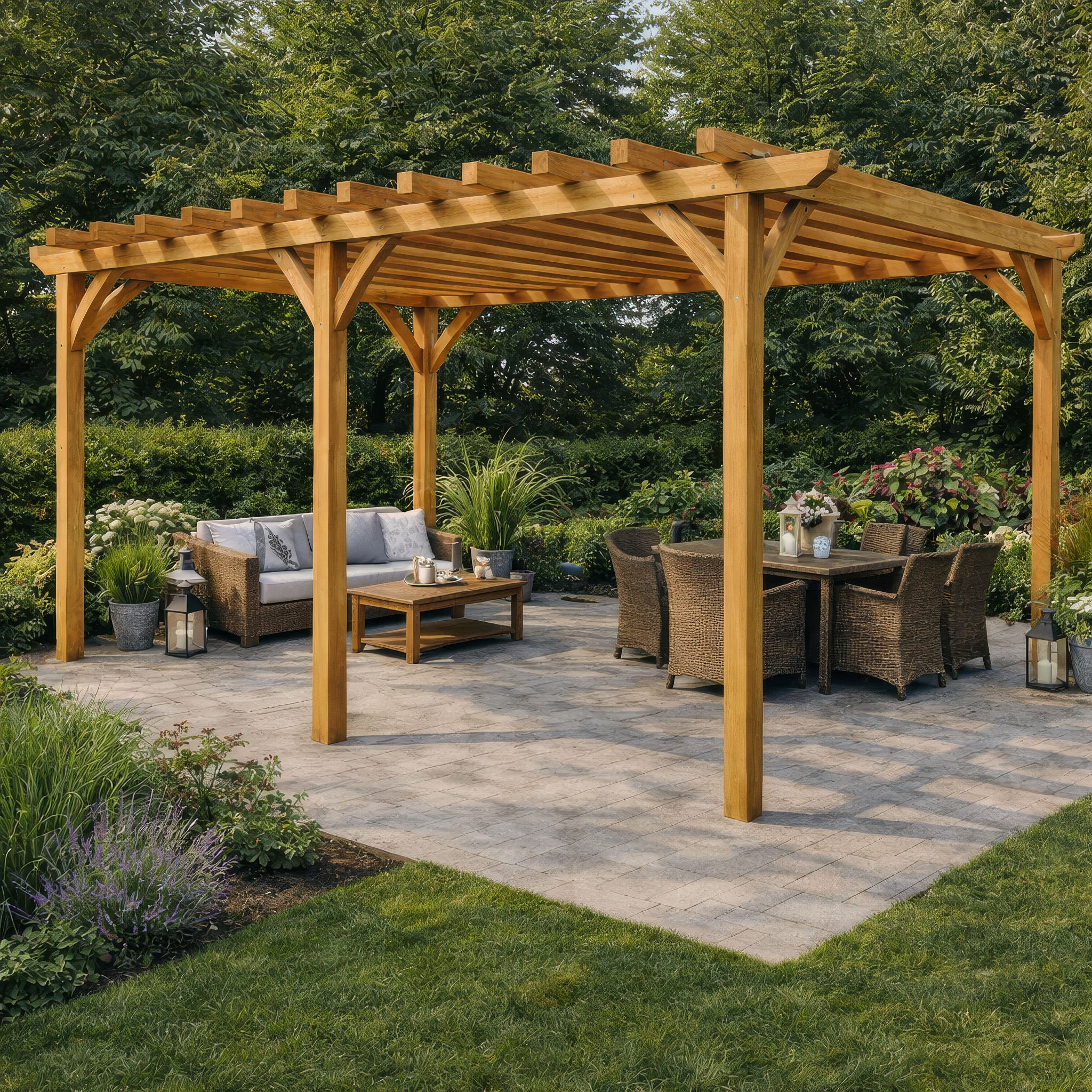 Freestanding Green Oak Framed Double Bay Pergola