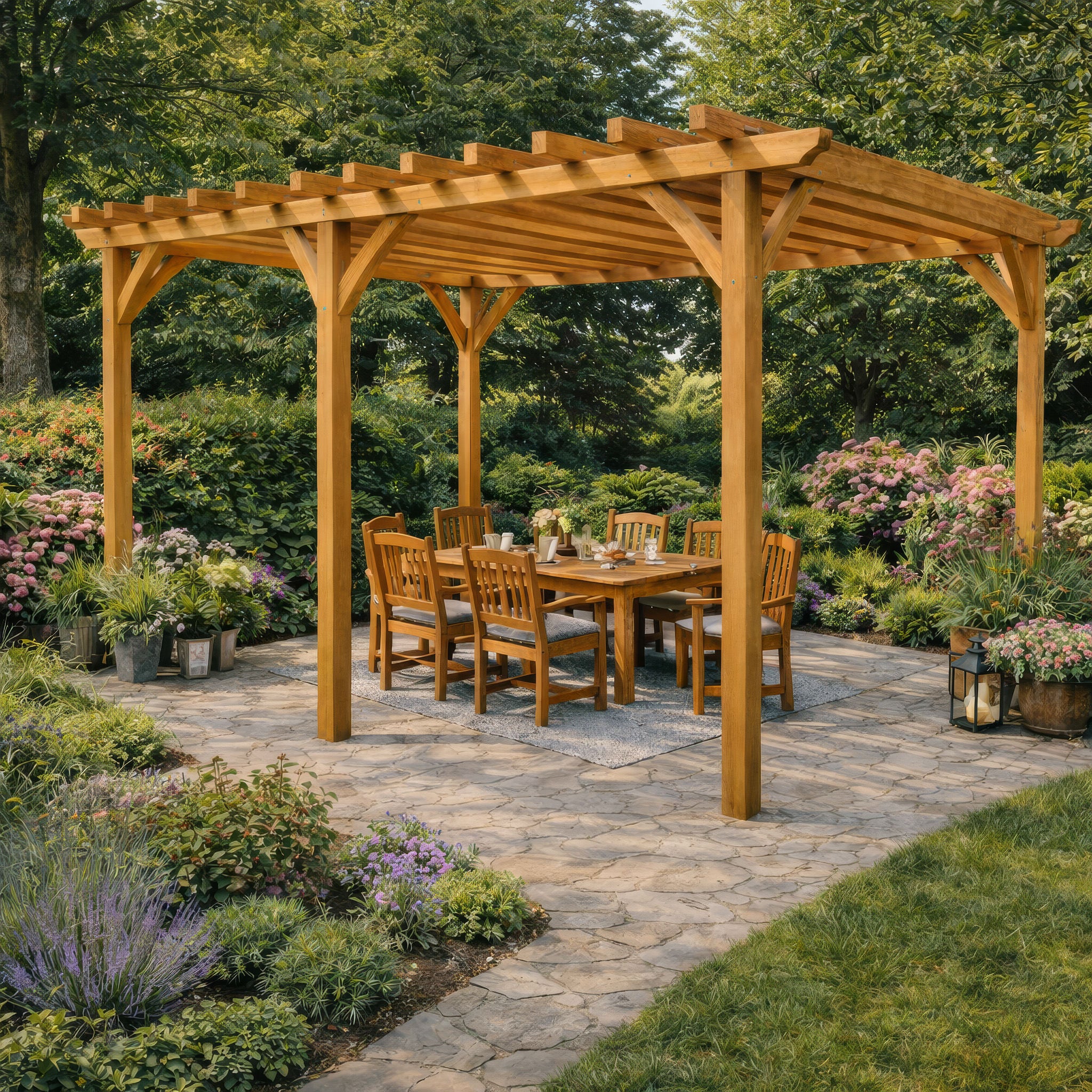 Freestanding Green Oak Framed Double Bay Pergola
