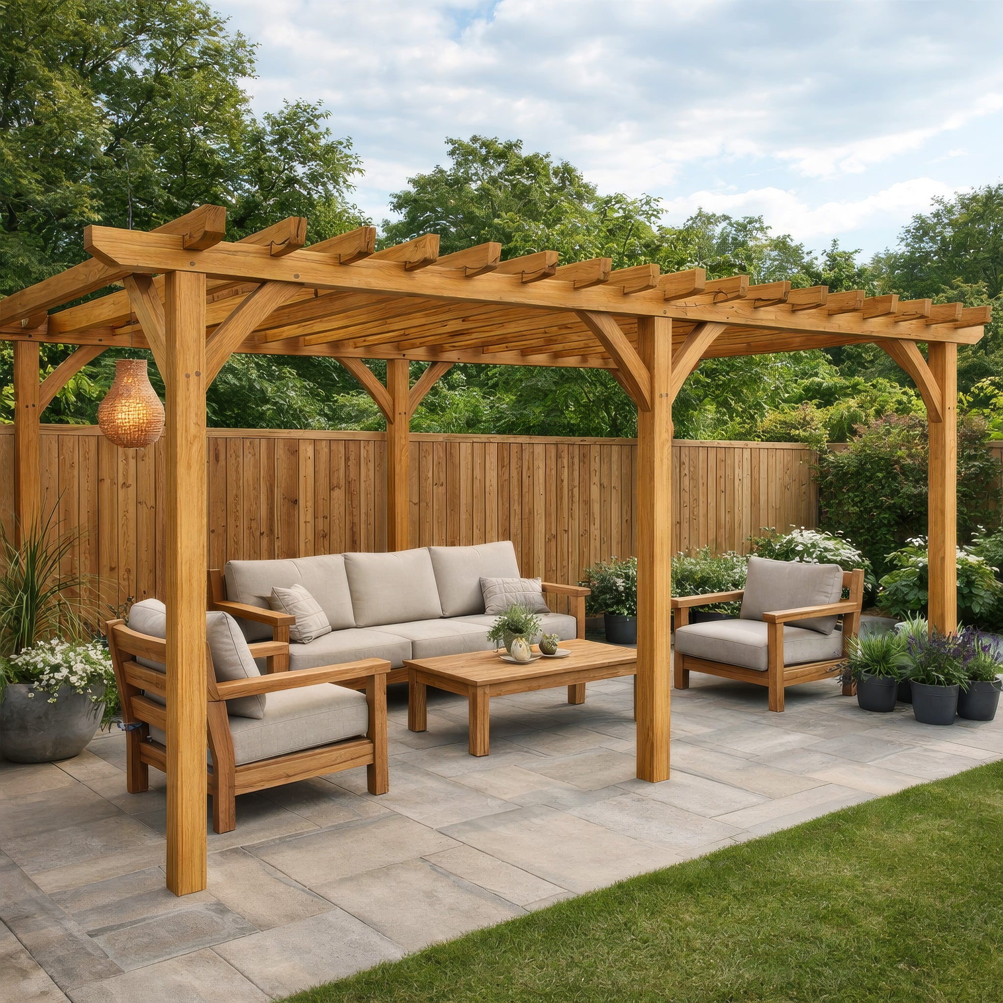Freestanding Green Oak Framed Double Bay Pergola