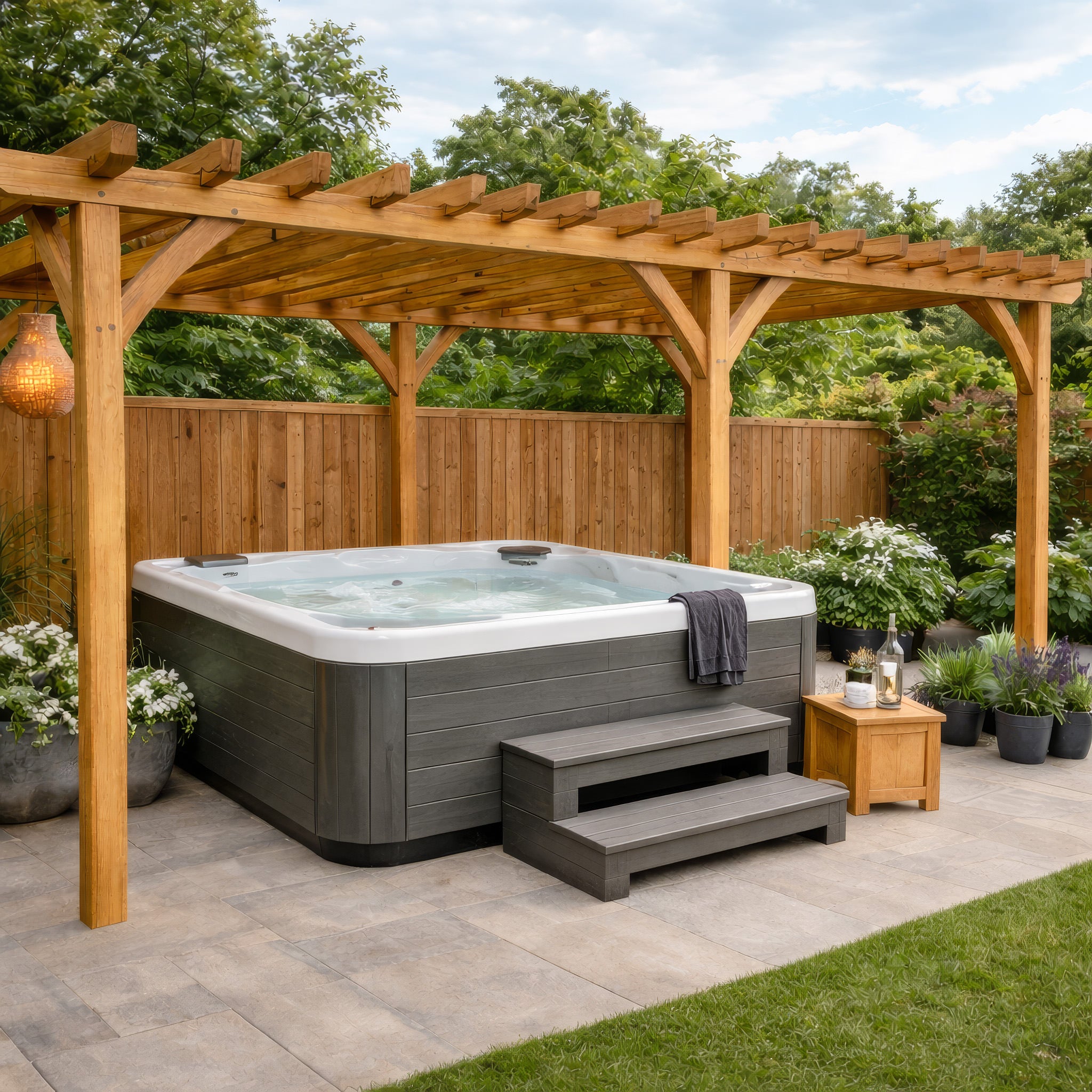 Freestanding Green Oak Framed Double Bay Pergola