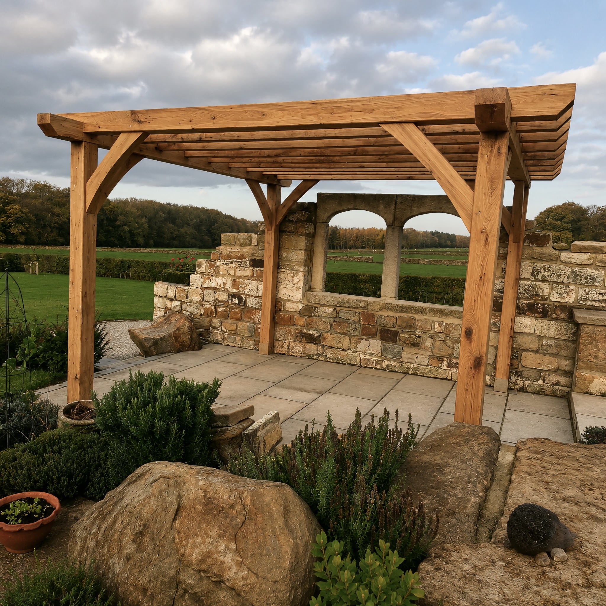 Freestanding Green Oak Framed Single Bay Pergola