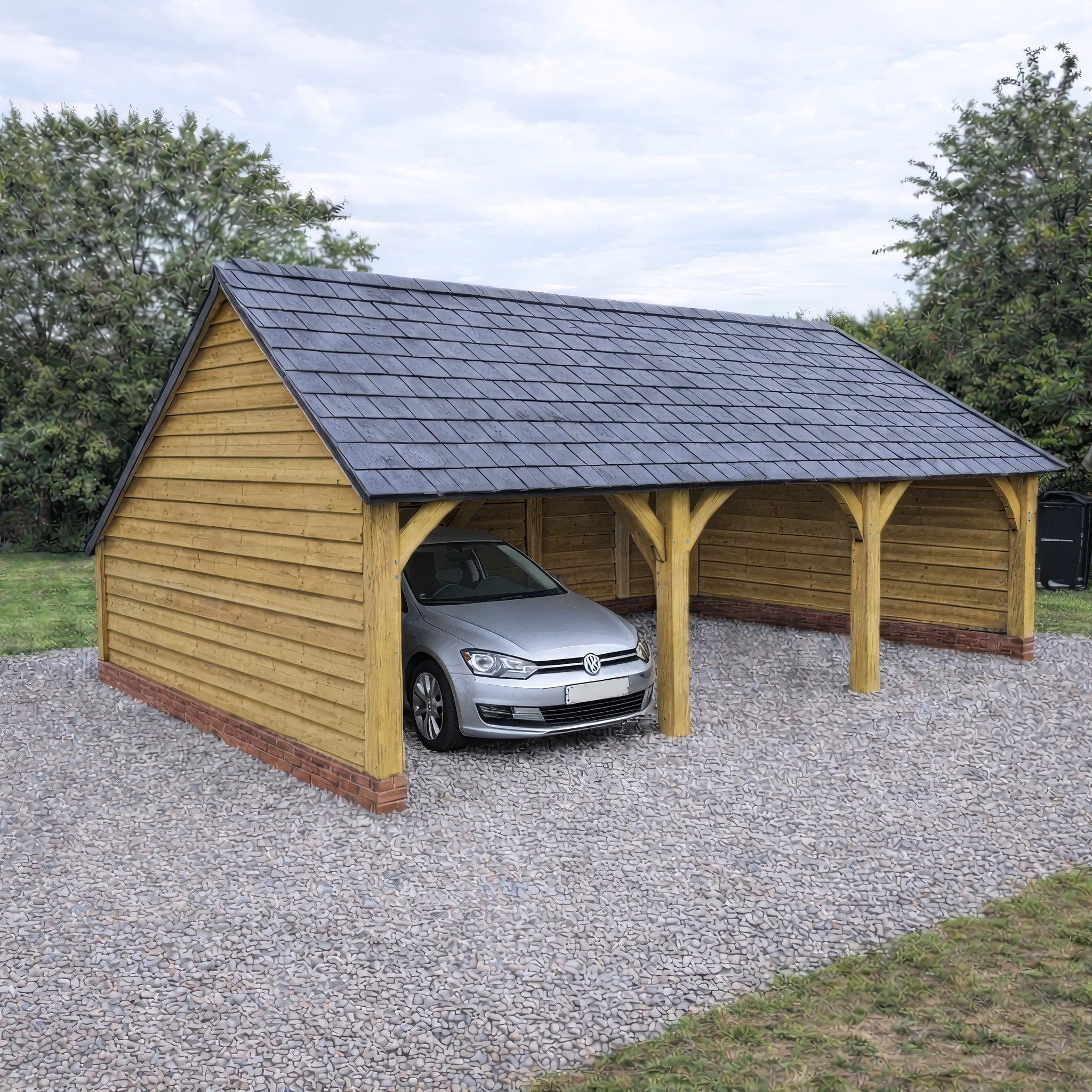 Freestanding Green Oak Framed Triple Bay Garage with Dormer Roof - Catslide Extension