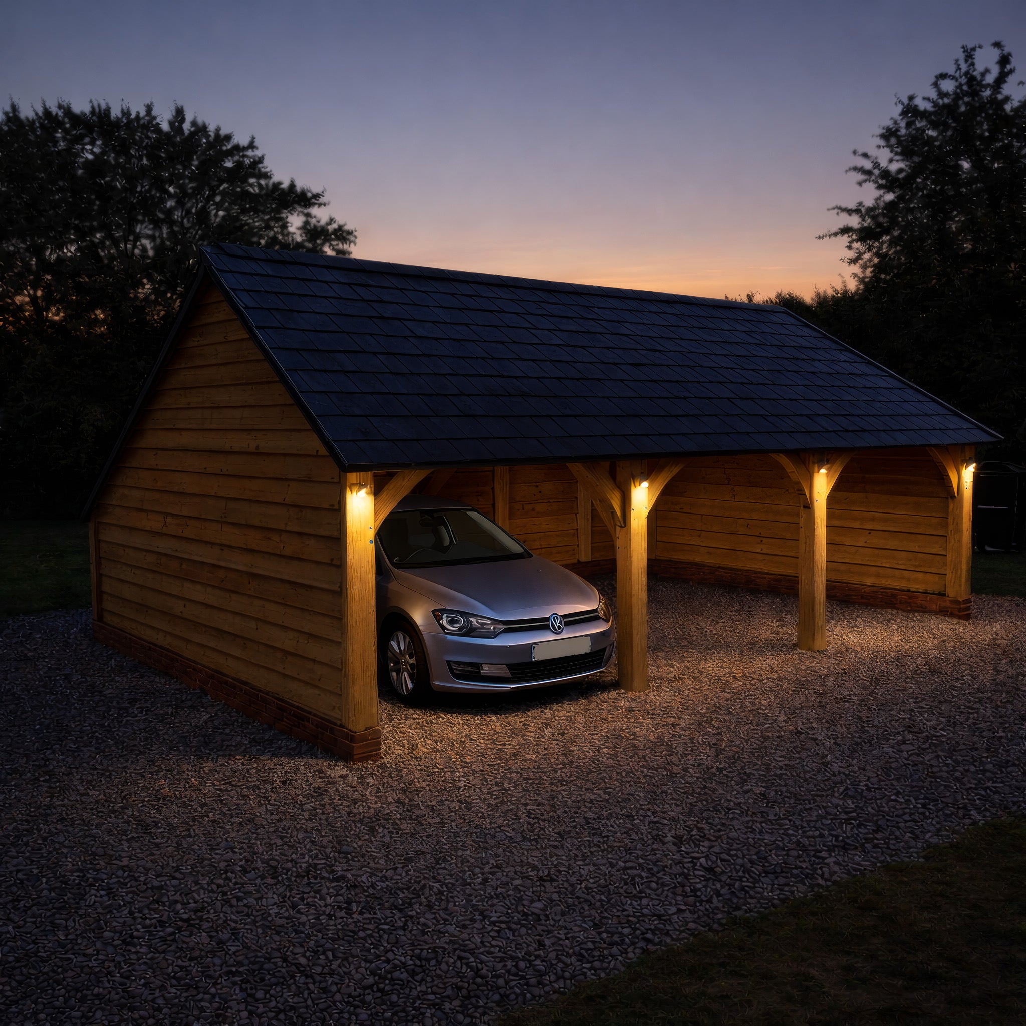 Freestanding Green Oak Framed Triple Bay Garage with Dormer Roof - Catslide Extension