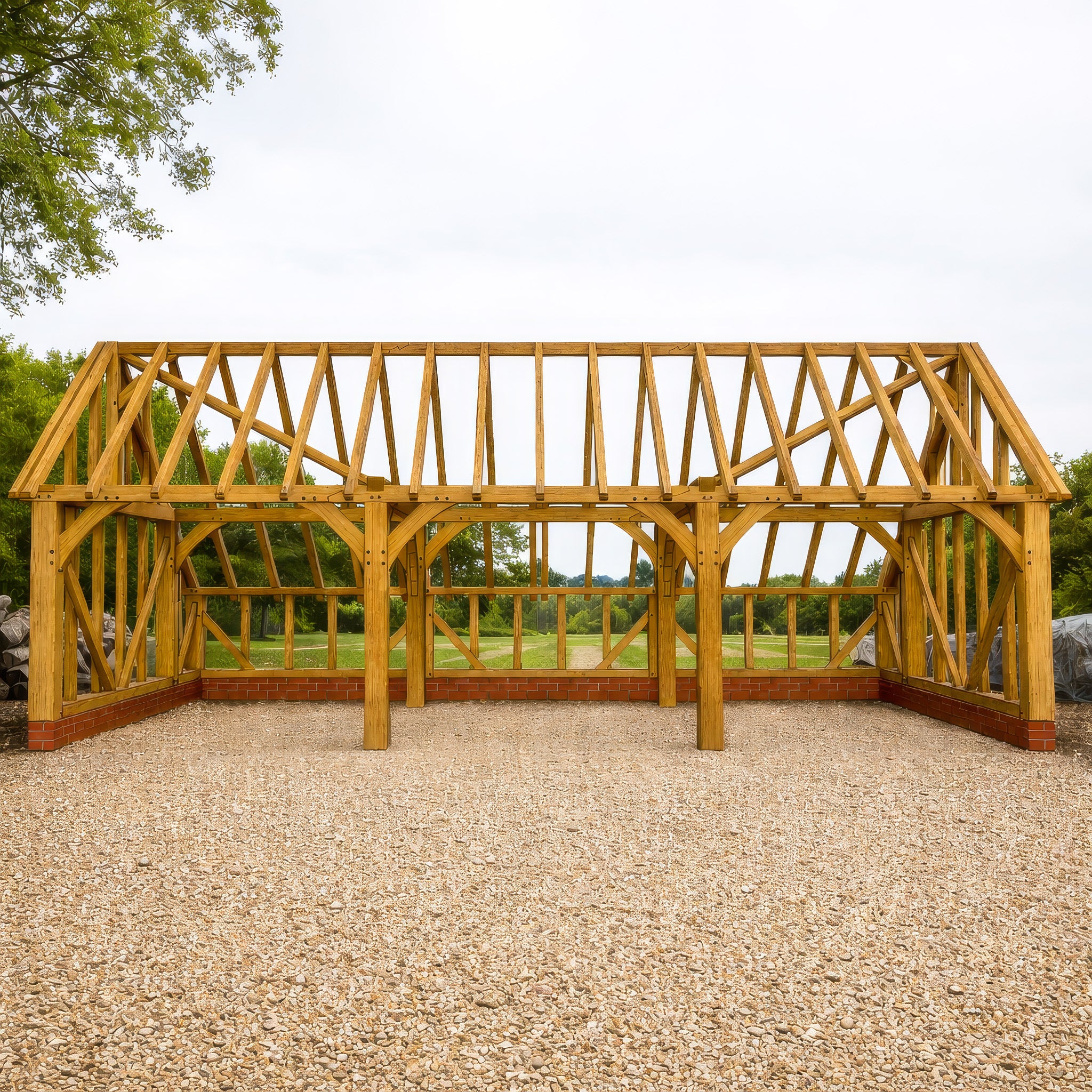 Freestanding Green Oak Framed Triple Bay Garage with Dormer Roof - Catslide Extension