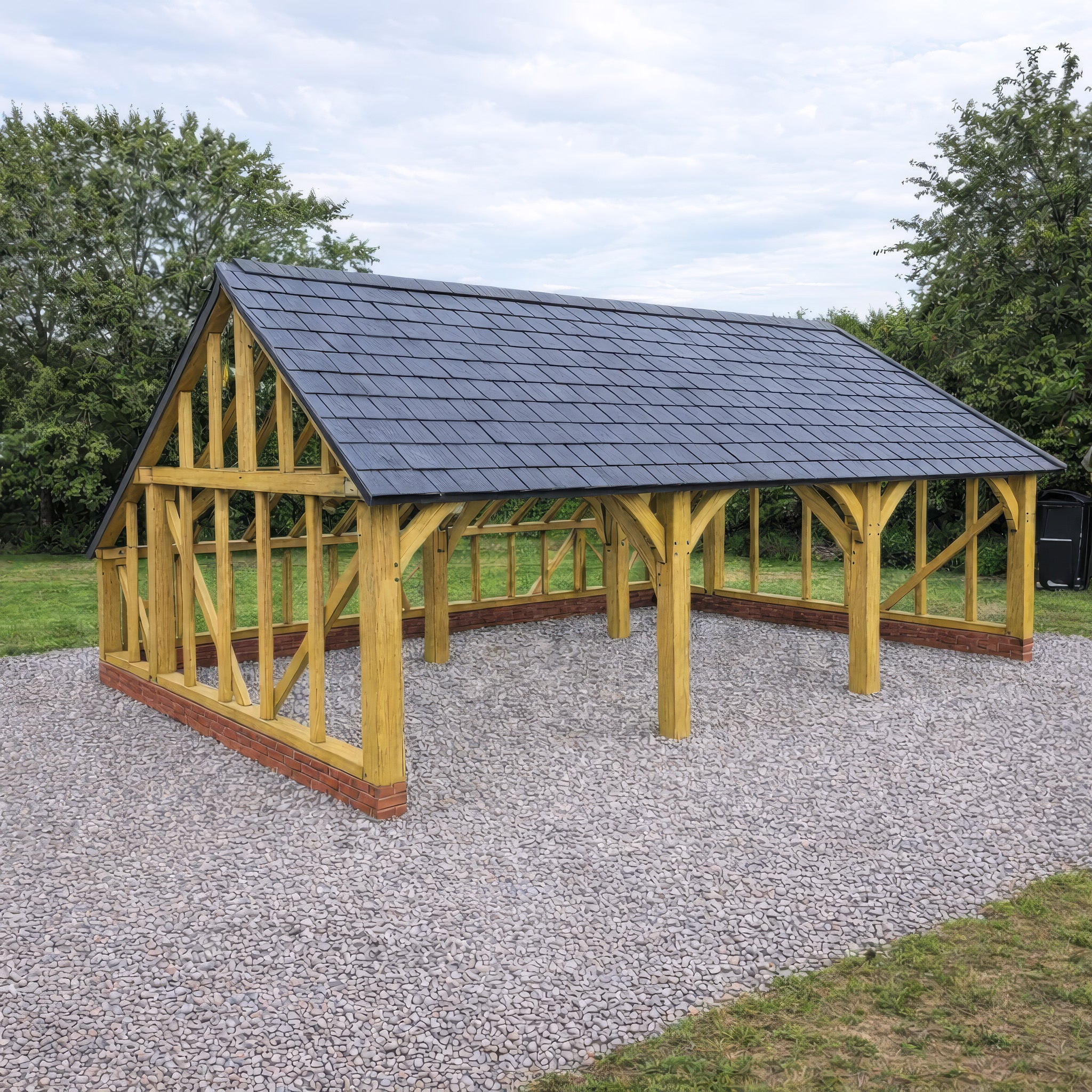 Freestanding Green Oak Framed Triple Bay Garage with Dormer Roof - Catslide Extension