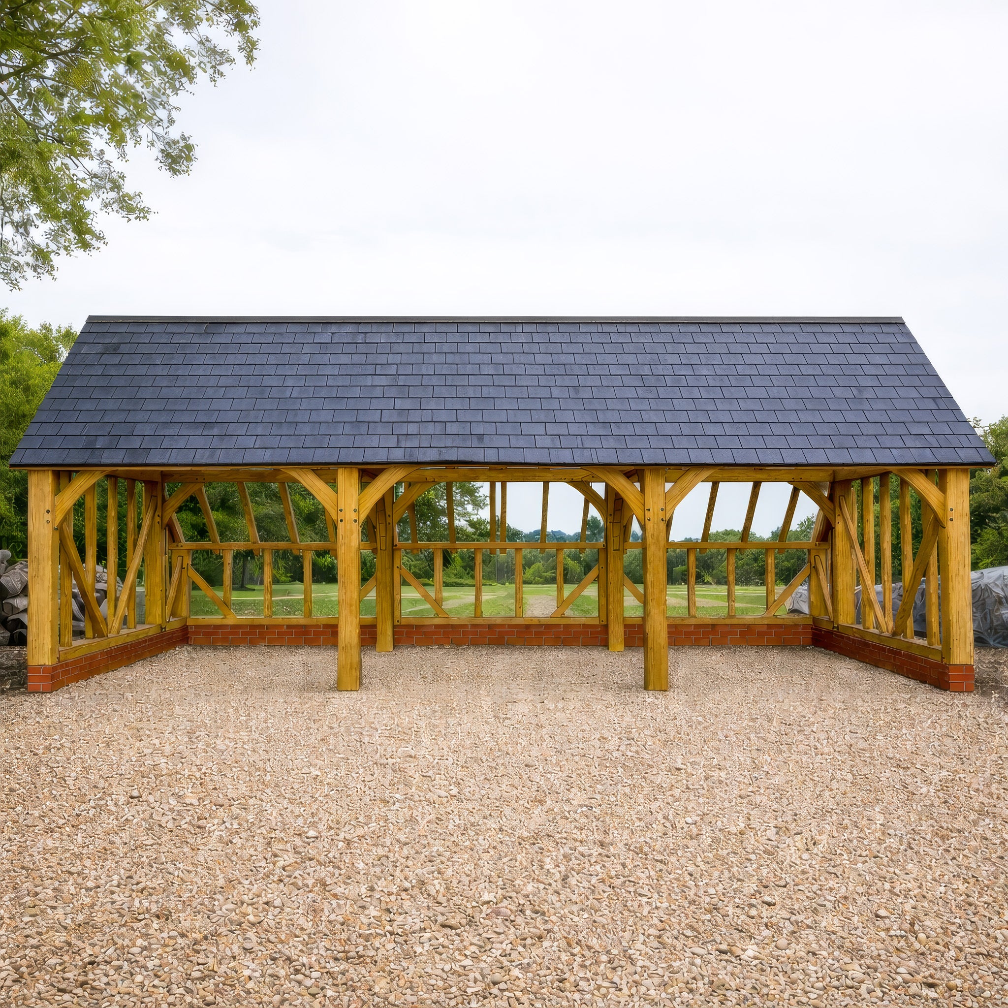 Freestanding Green Oak Framed Triple Bay Garage with Dormer Roof - Catslide Extension