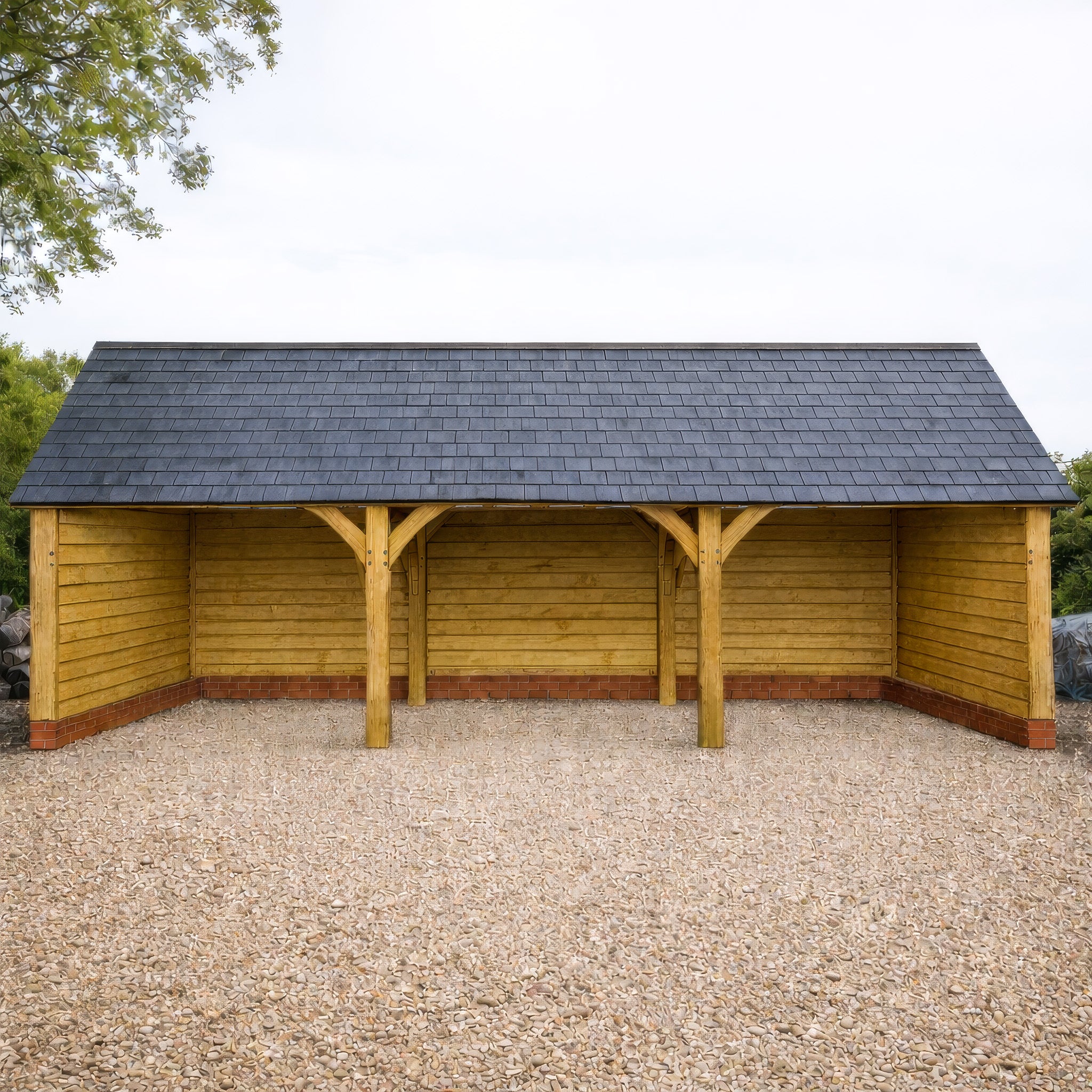 Freestanding Green Oak Framed Triple Bay Garage with Dormer Roof - Catslide Extension