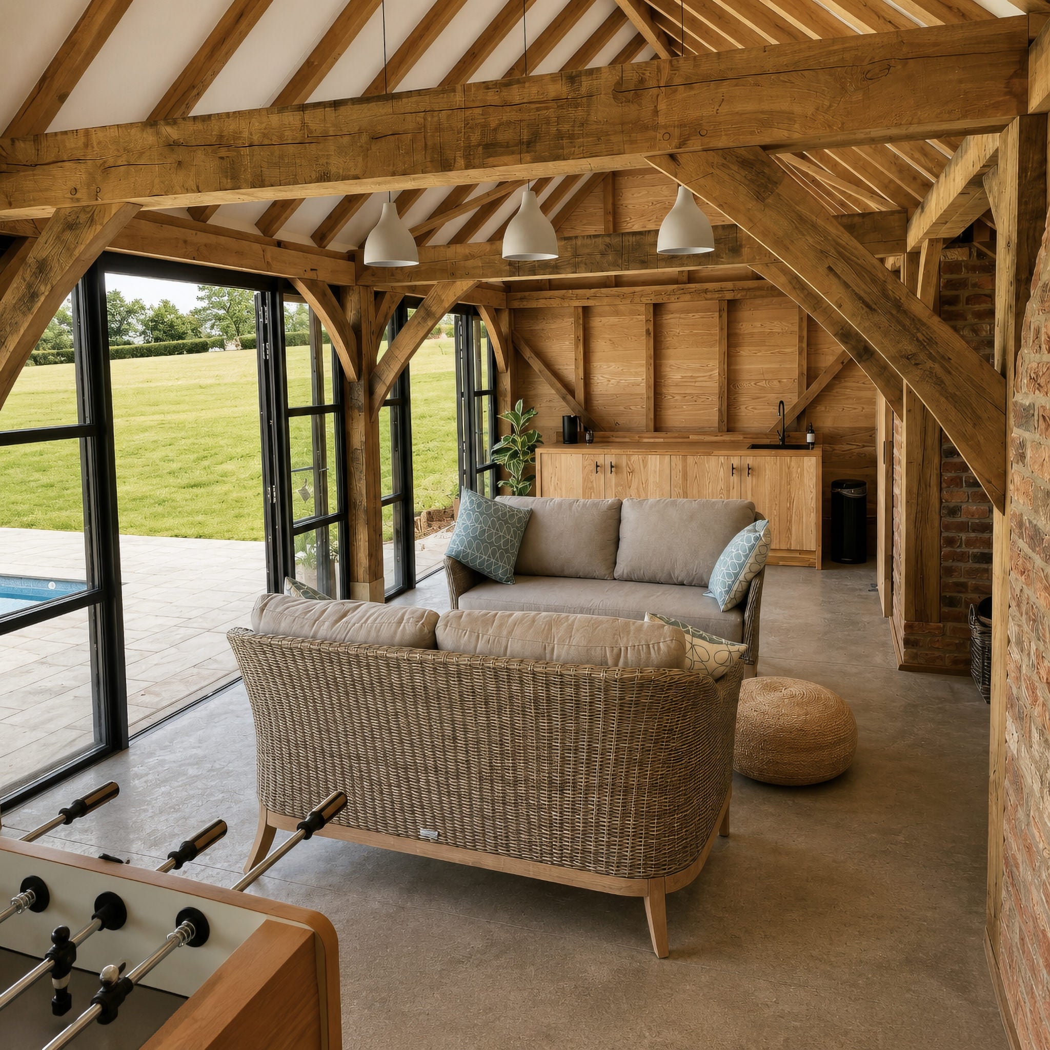 Freestanding Green Oak Framed Triple Bay Garage with Dormer Roof - Catslide Extension