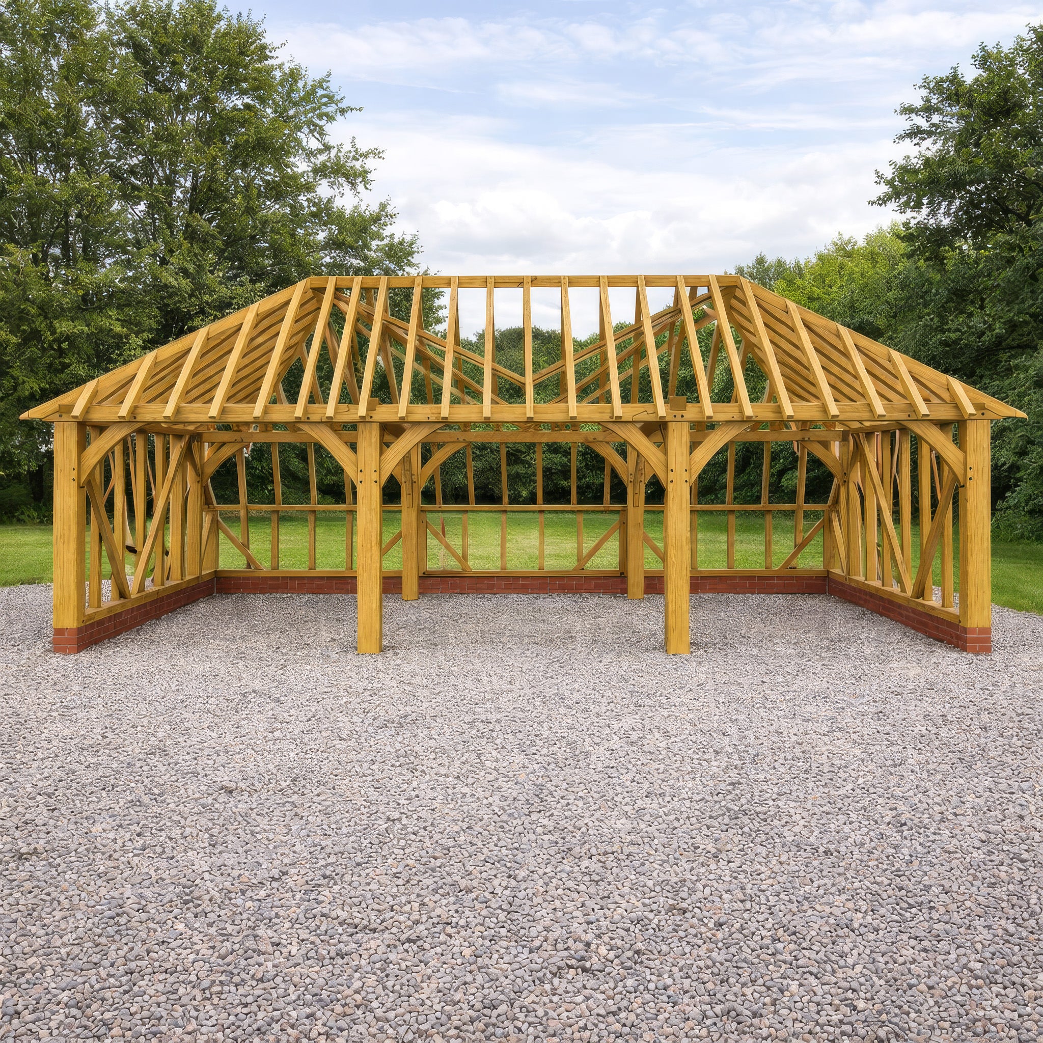 Freestanding Green Oak Framed Triple Bay Garage with Hip Roof - Catslide Extension