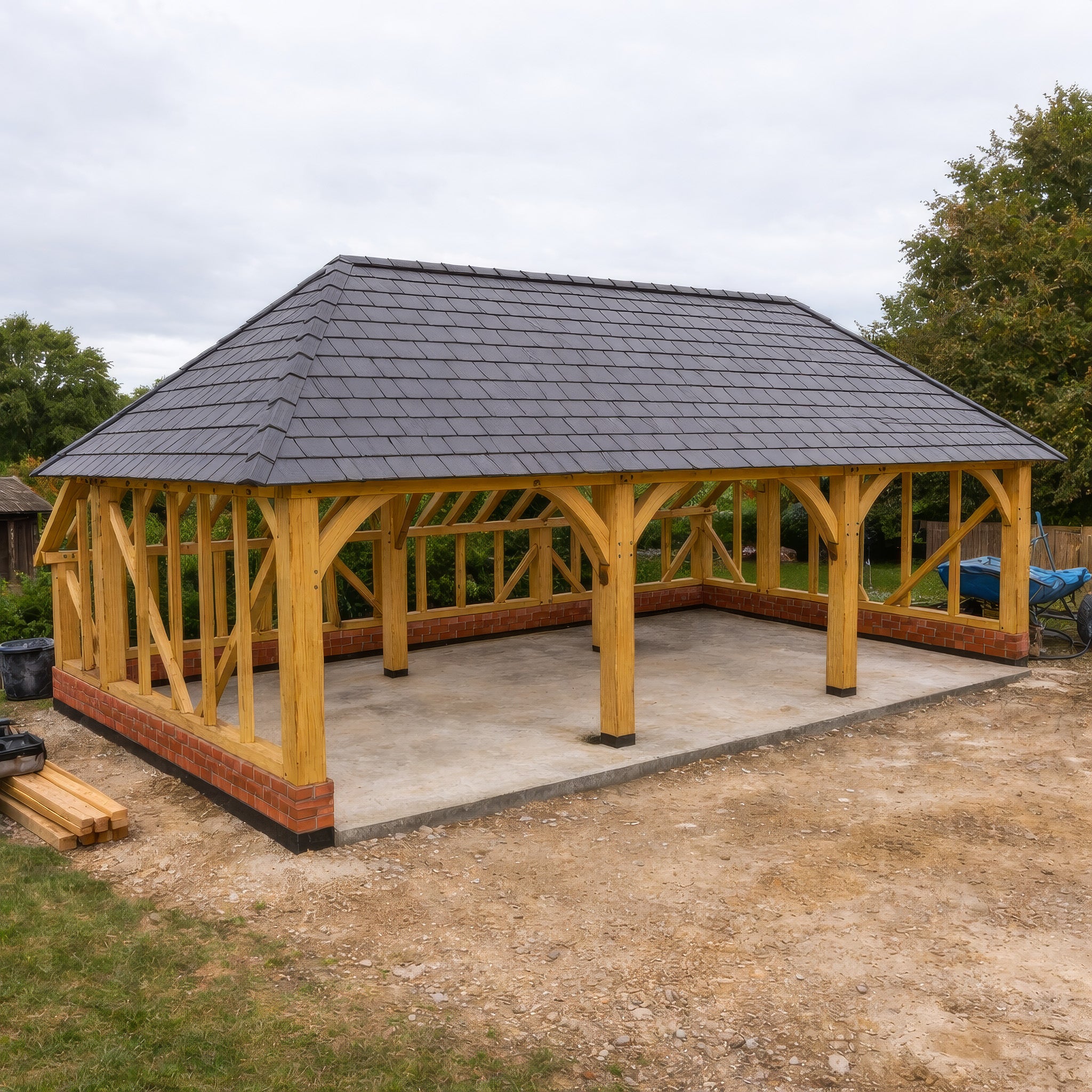 Freestanding Green Oak Framed Triple Bay Garage with Hip Roof - Catslide Extension