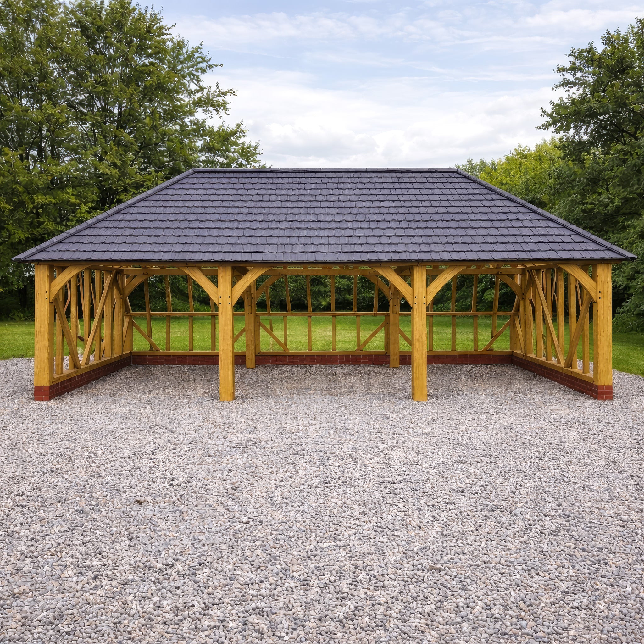 Freestanding Green Oak Framed Triple Bay Garage with Hip Roof - Catslide Extension