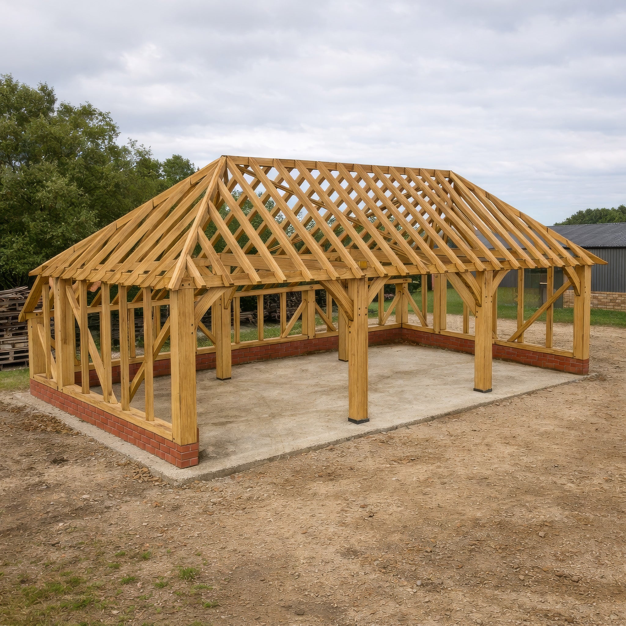 Freestanding Green Oak Framed Triple Bay Garage with Hip Roof - Catslide Extension
