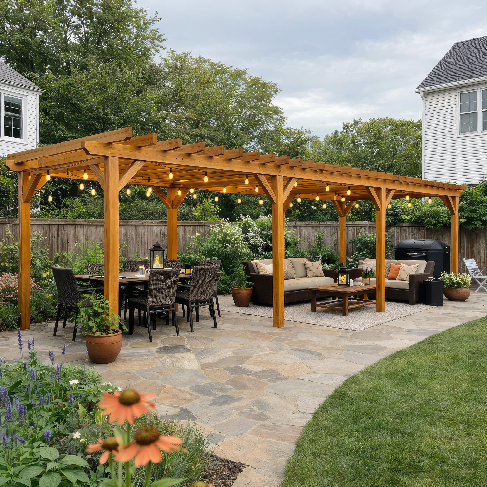 Freestanding Green Oak Framed Triple Bay Pergola