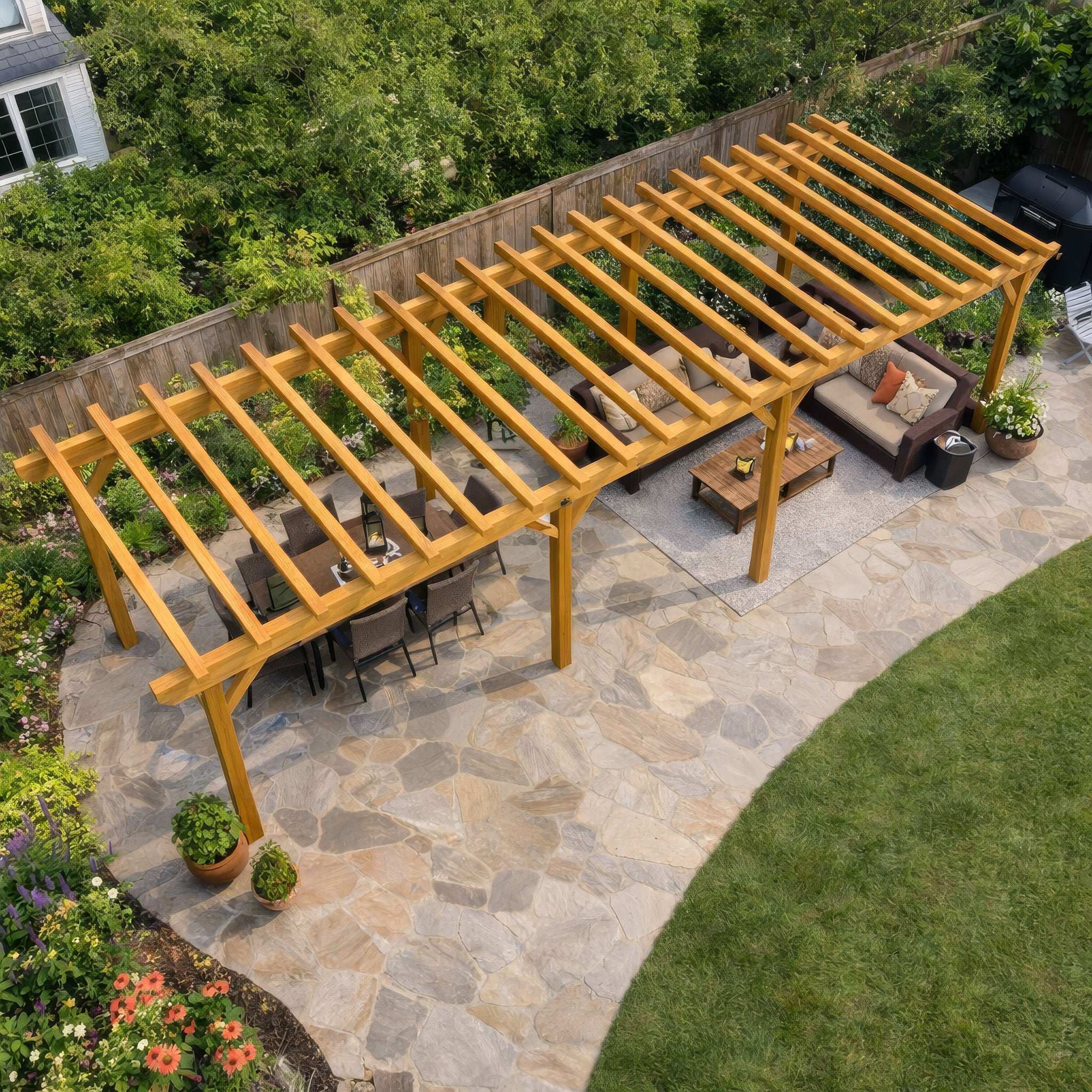 Freestanding Green Oak Framed Triple Bay Pergola