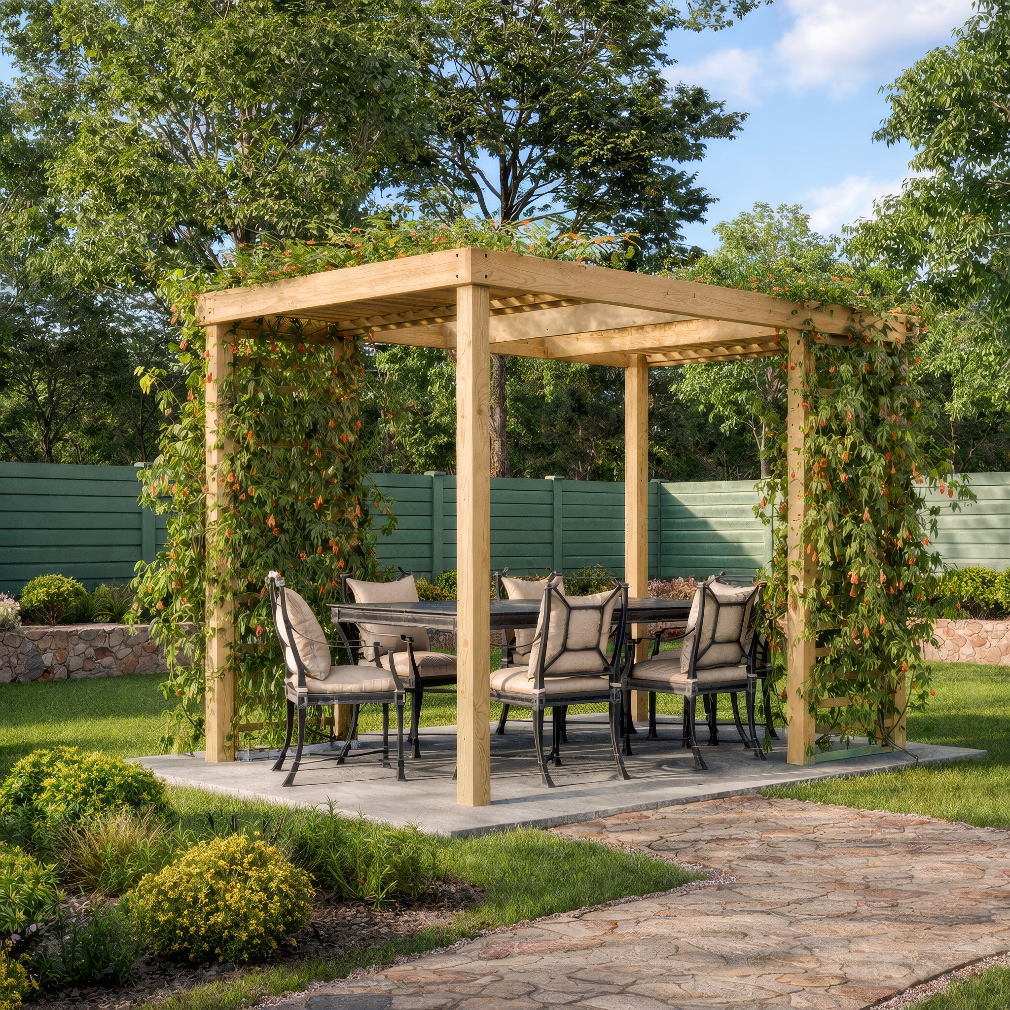 Freestanding Panel Pergola - Light Green - 3m Width x 3.6m Length