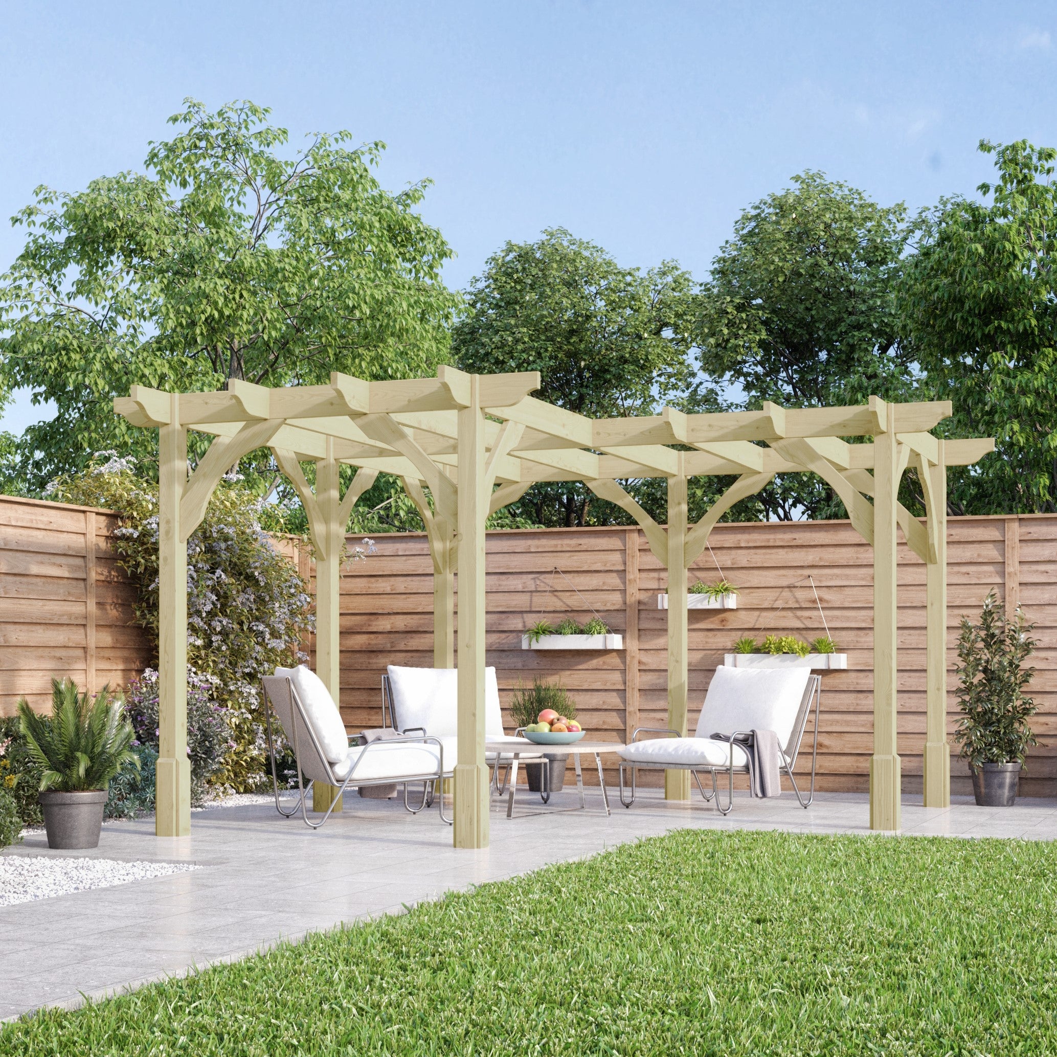 Freestanding Corner Premium Pergola - Light Green - 4.8m Width x 4.8m Length